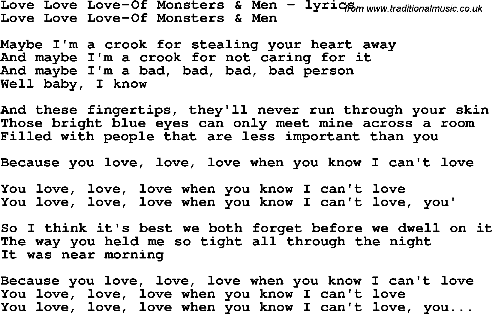 Love Song Lyrics for: Love Love Love-Of Monsters & Men