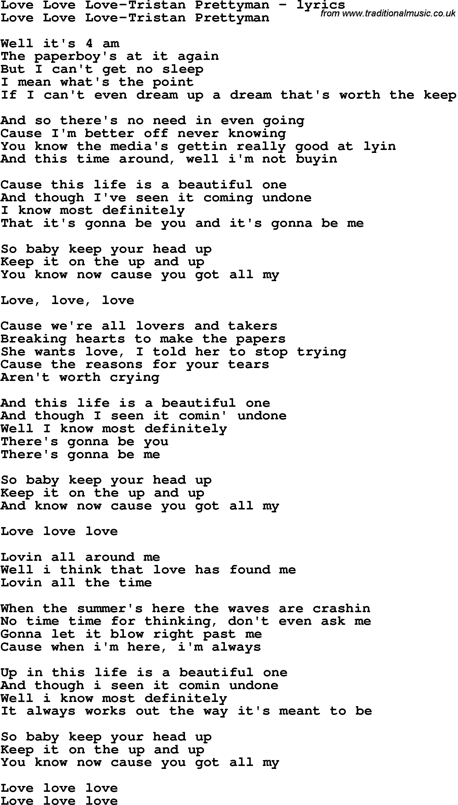Love Song Lyrics for: Love Love Love-Tristan Prettyman