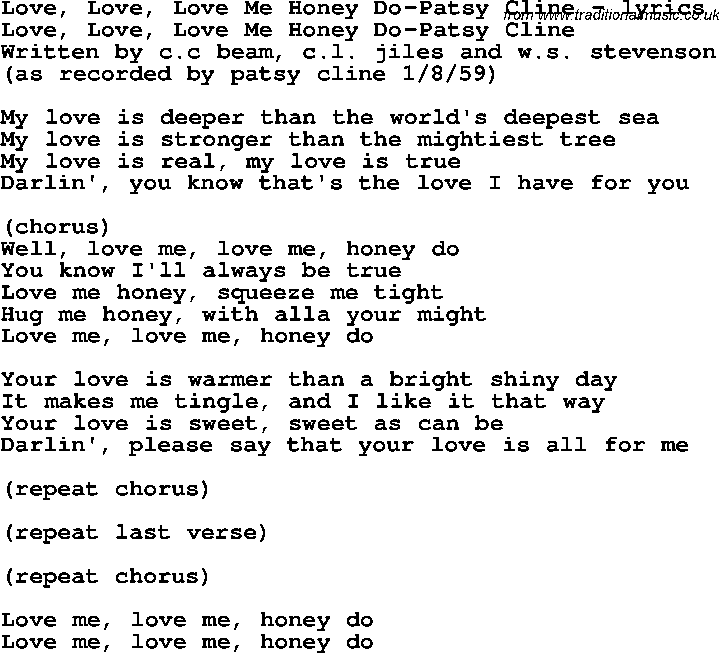 Love Song Lyrics for: Love, Love, Love Me Honey Do-Patsy Cline