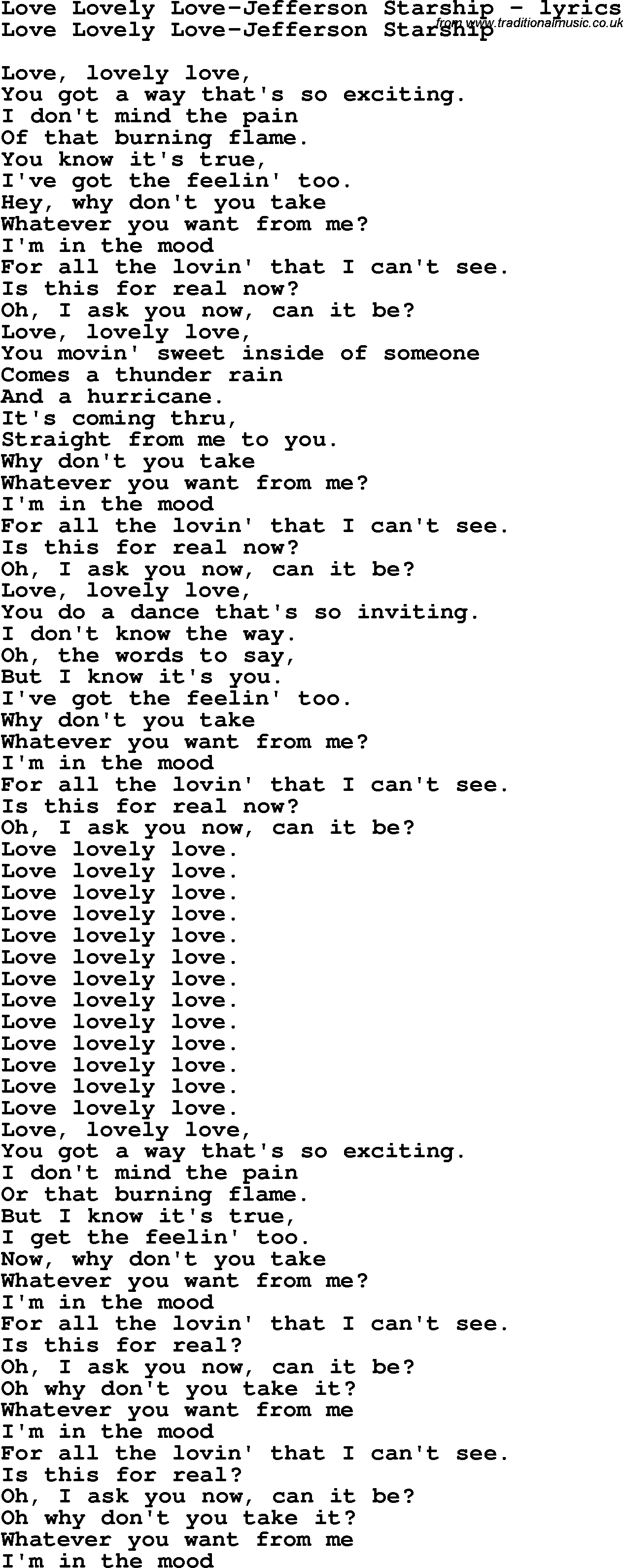 Love Song Lyrics for: Love Lovely Love-Jefferson Starship
