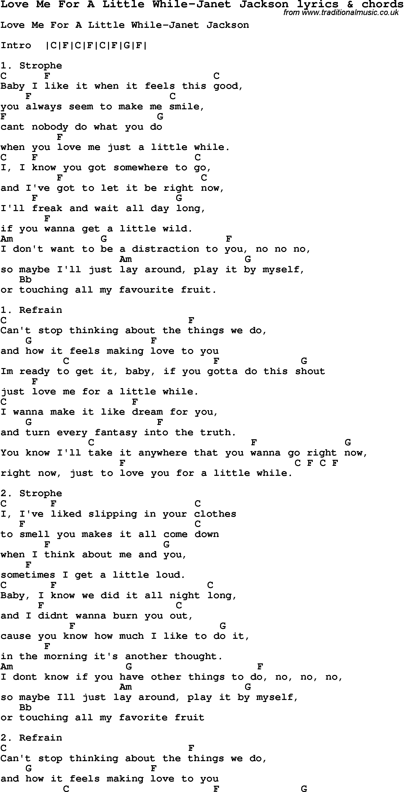 Love Song Lyrics for: Love Me For A Little While-Janet Jackson with chords for Ukulele, Guitar Banjo etc.