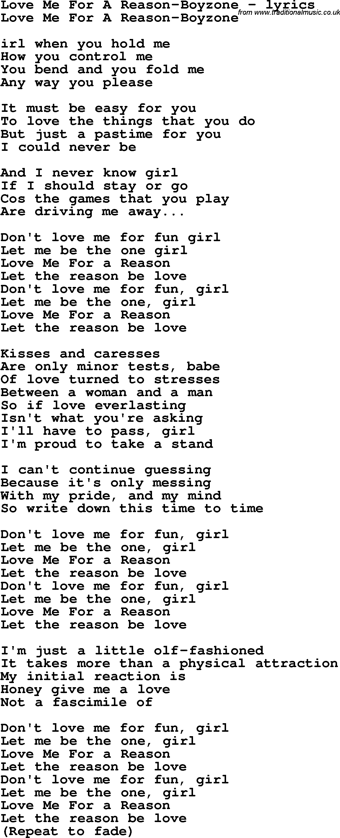 Love Song Lyrics for: Love Me For A Reason-Boyzone