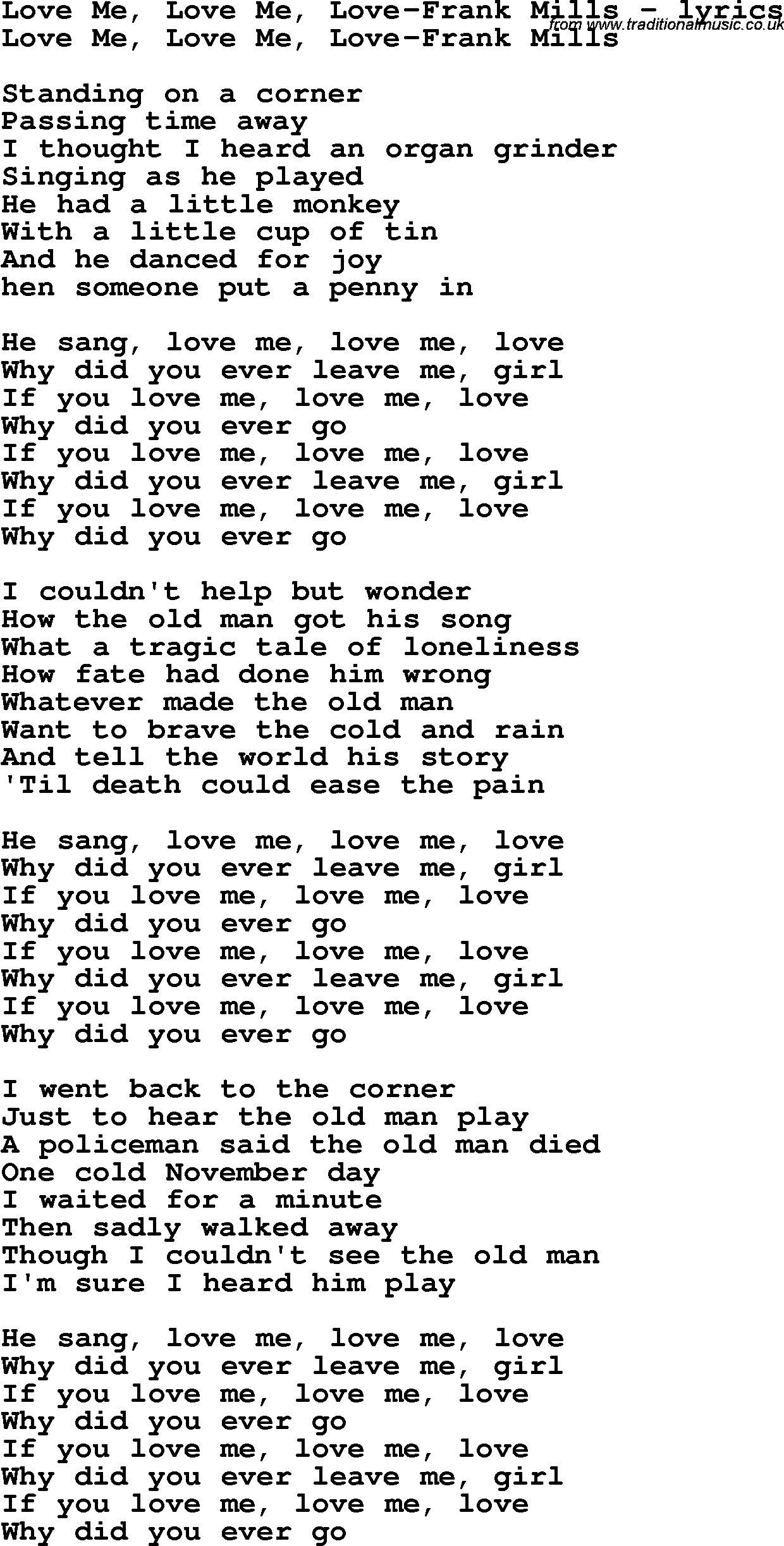 Love Song Lyrics for: Love Me, Love Me, Love-Frank Mills