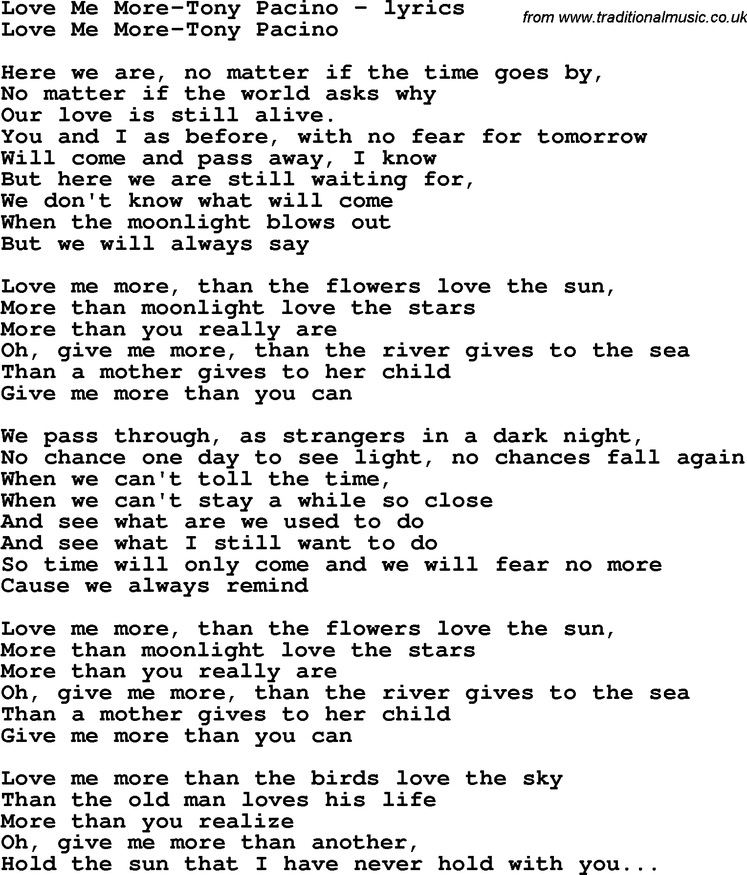 Love Song Lyrics for: Love Me More-Tony Pacino