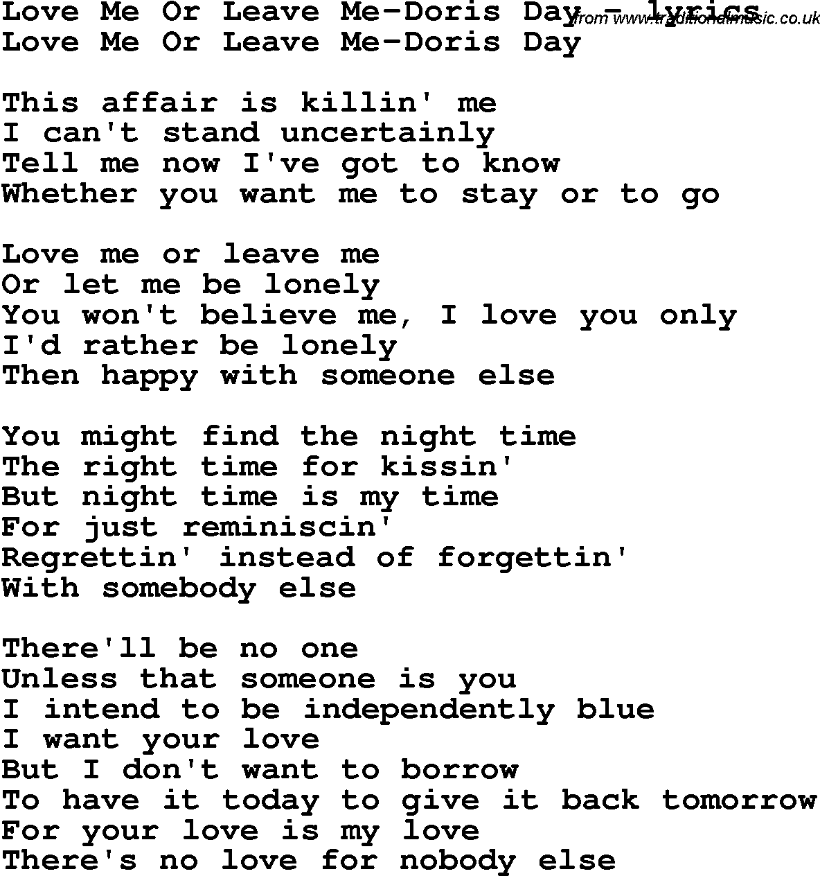 Love Song Lyrics for: Love Me Or Leave Me-Doris Day