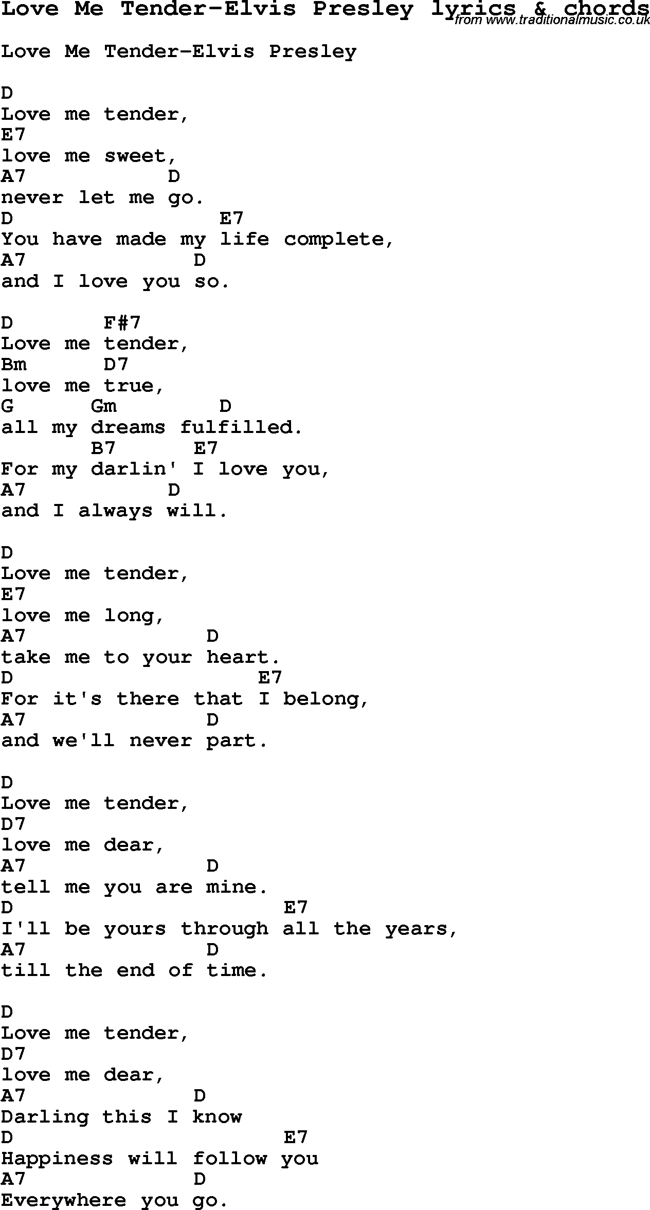Love Song Lyrics for: Love Me Tender-Elvis Presley with chords for Ukulele, Guitar Banjo etc.