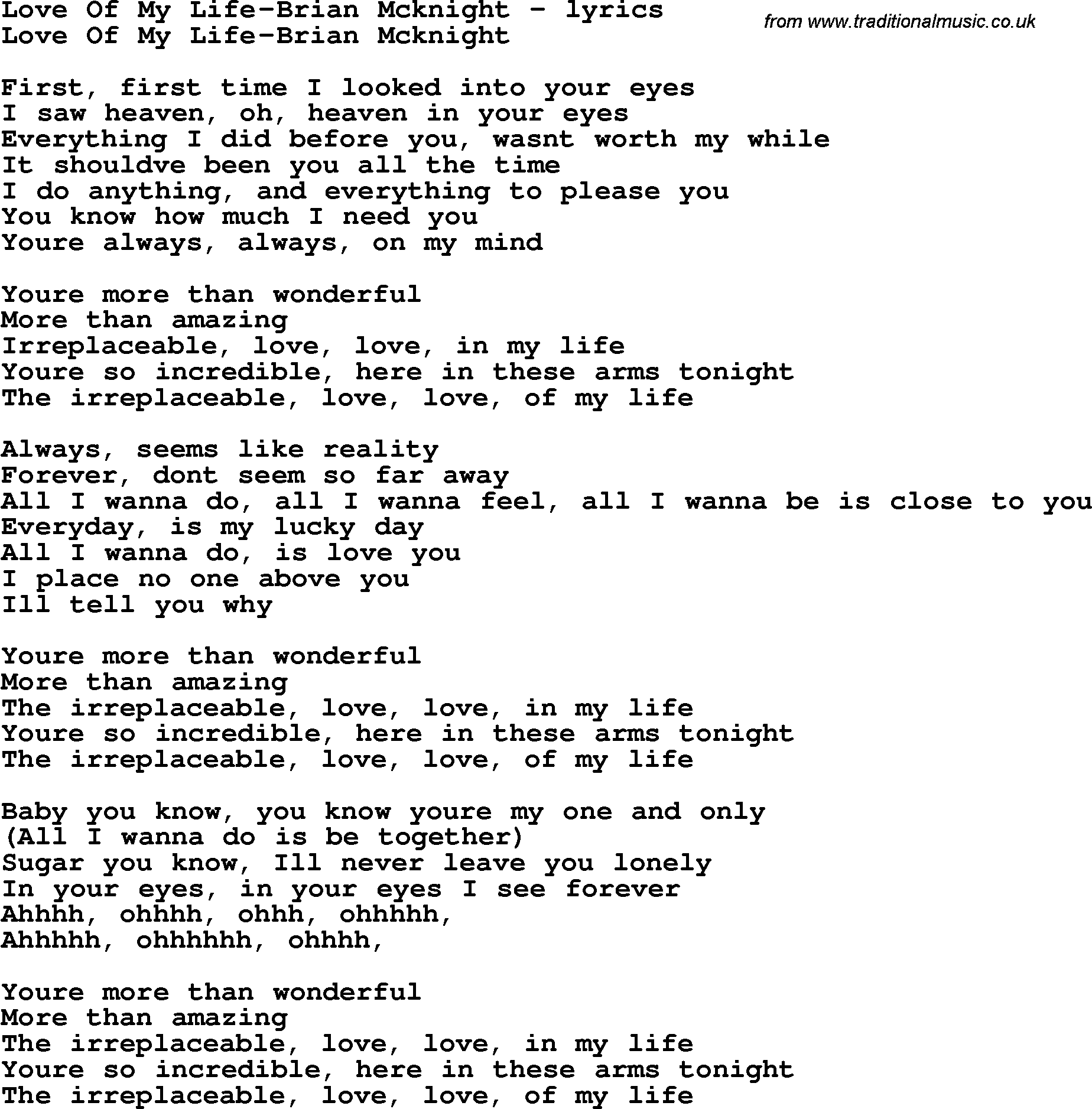 Love Song Lyrics for: Love Of My Life-Brian Mcknight
