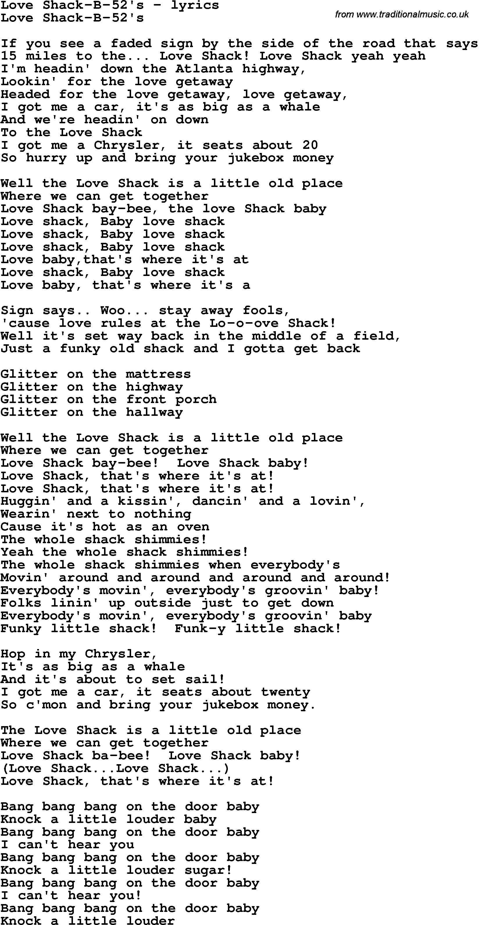 Love Song Lyrics for: Love Shack-B-52's