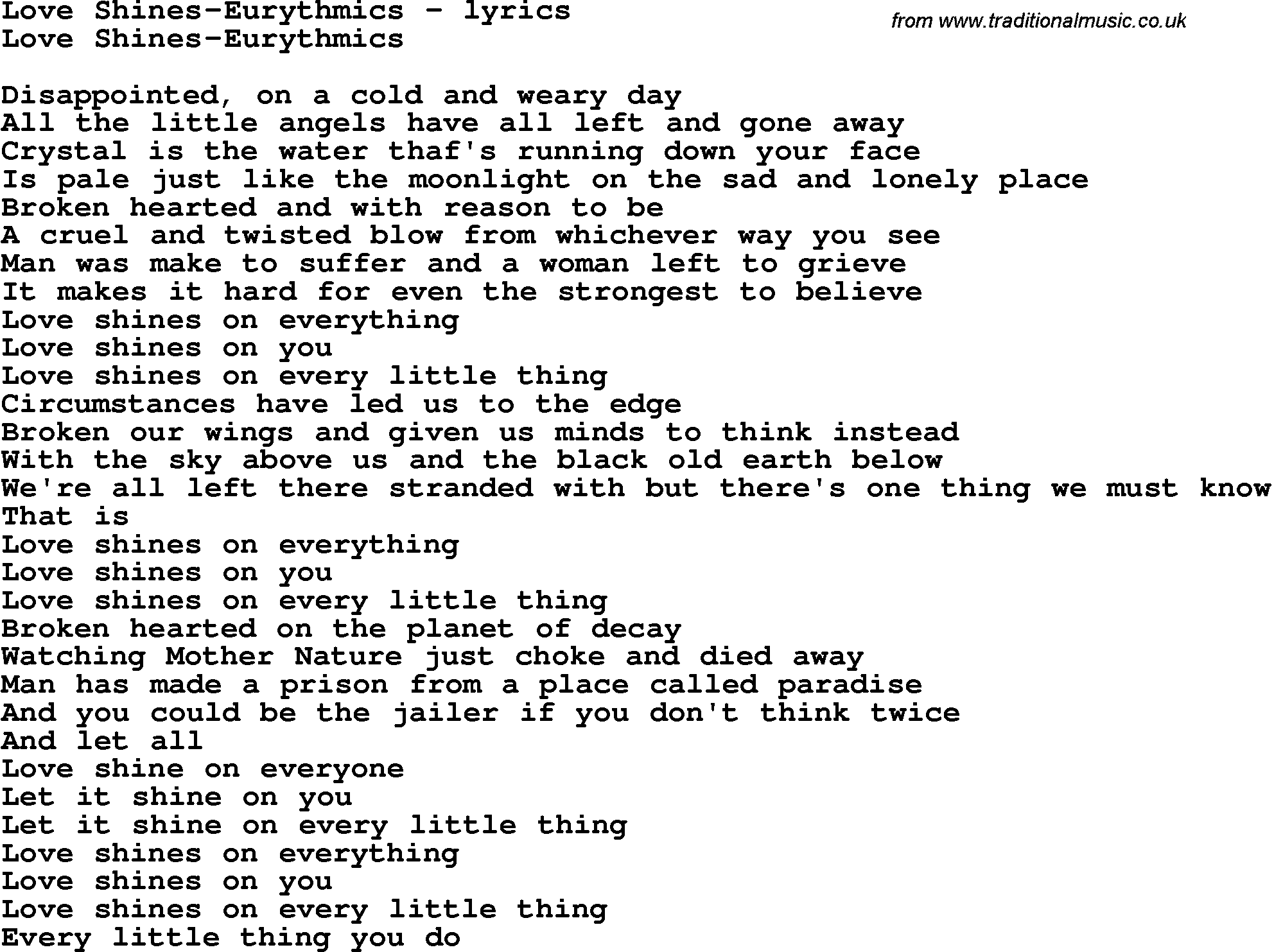 Love Song Lyrics for: Love Shines-Eurythmics