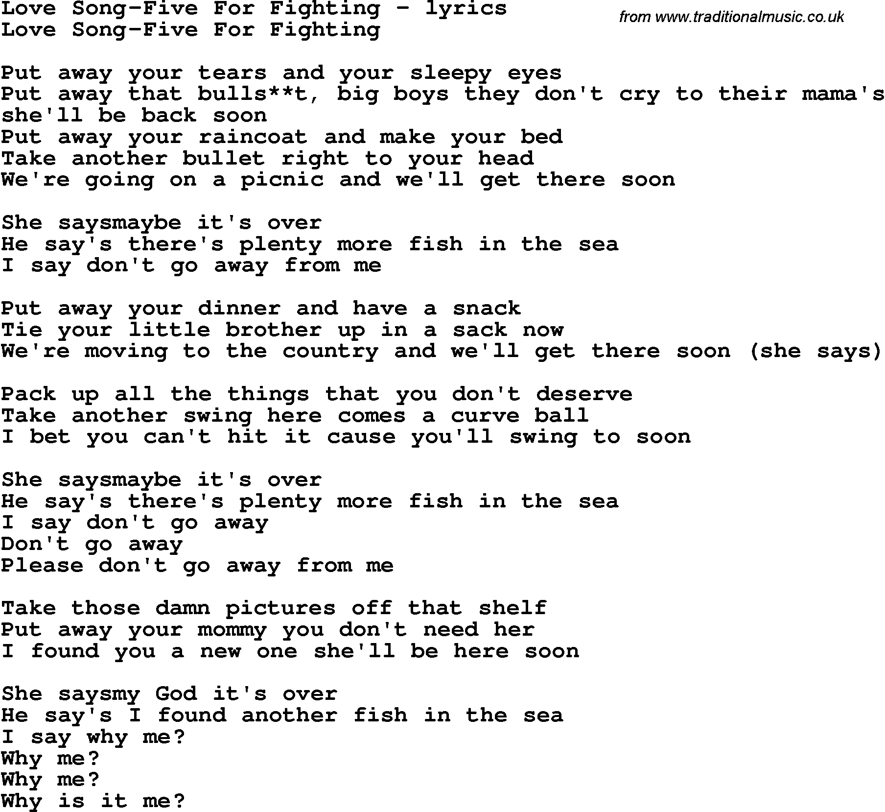 Love Song Lyrics for: Love Song-Five For Fighting