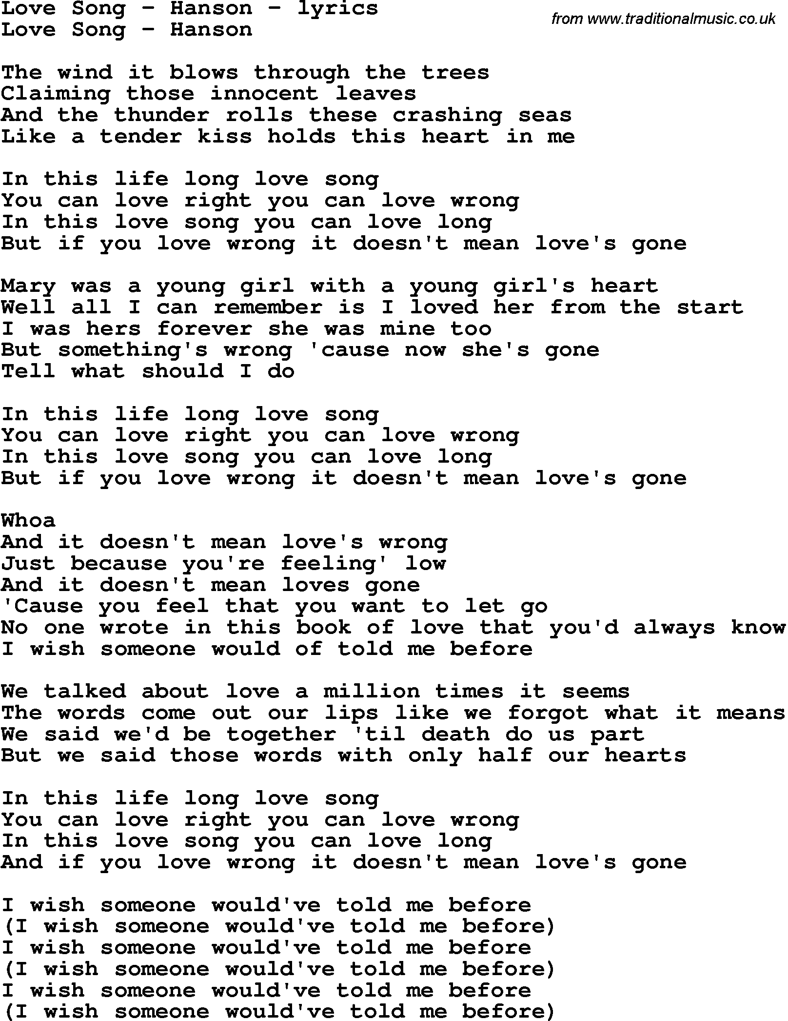Love Song Lyrics for: Love Song - Hanson