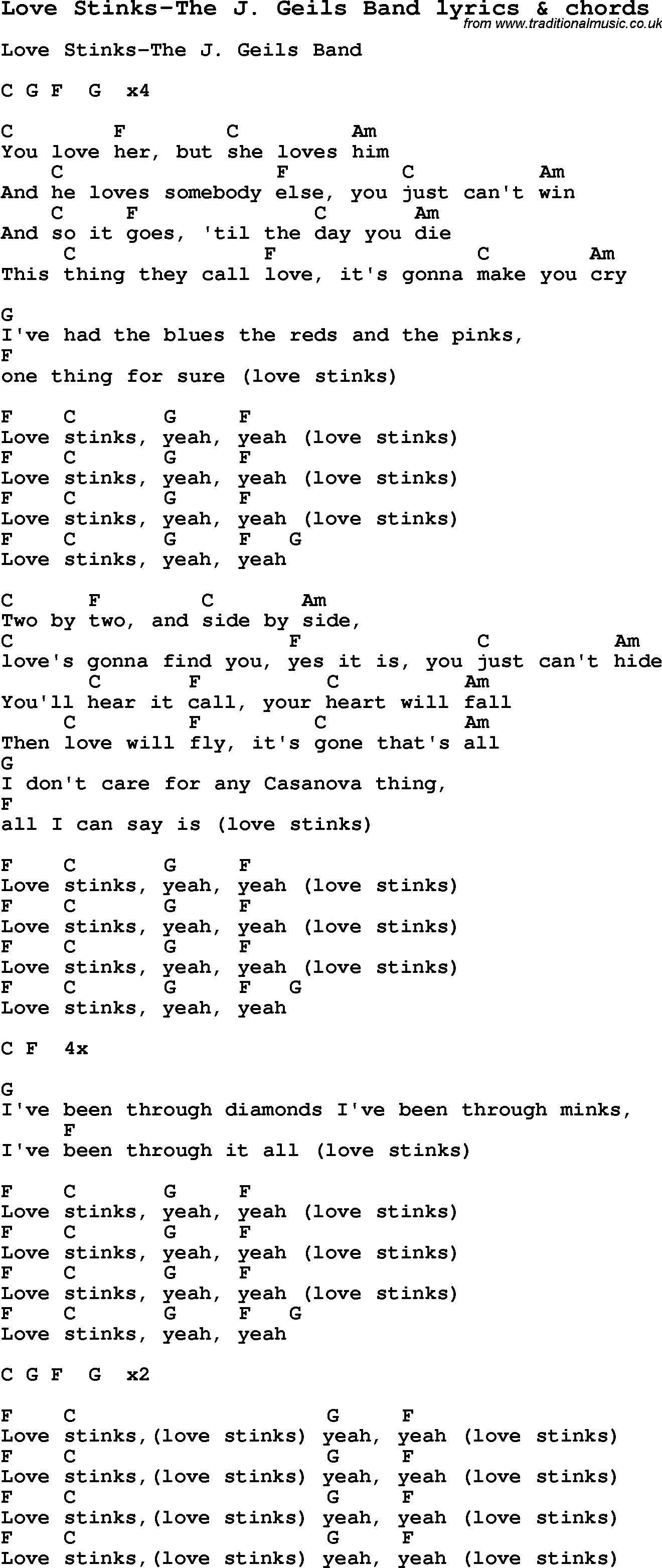 Love Song Lyrics for: Love Stinks-The J. Geils Band with chords for Ukulele, Guitar Banjo etc.