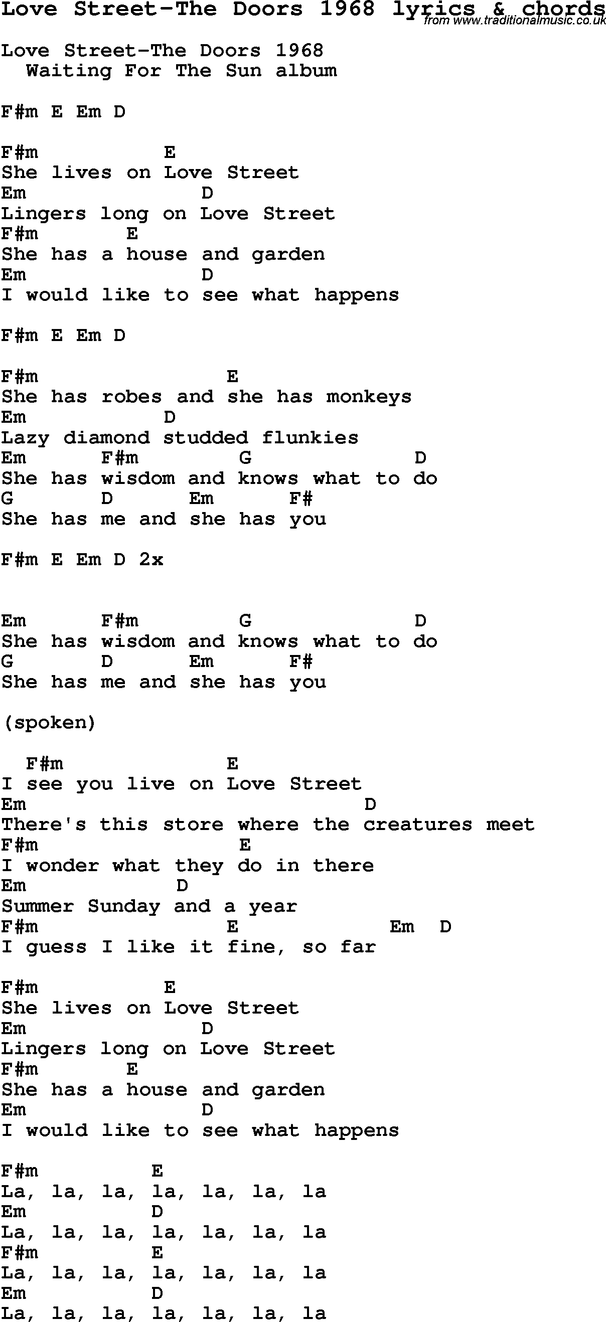 Love Song Lyrics for: Love Street-The Doors 1968 with chords for Ukulele, Guitar Banjo etc.