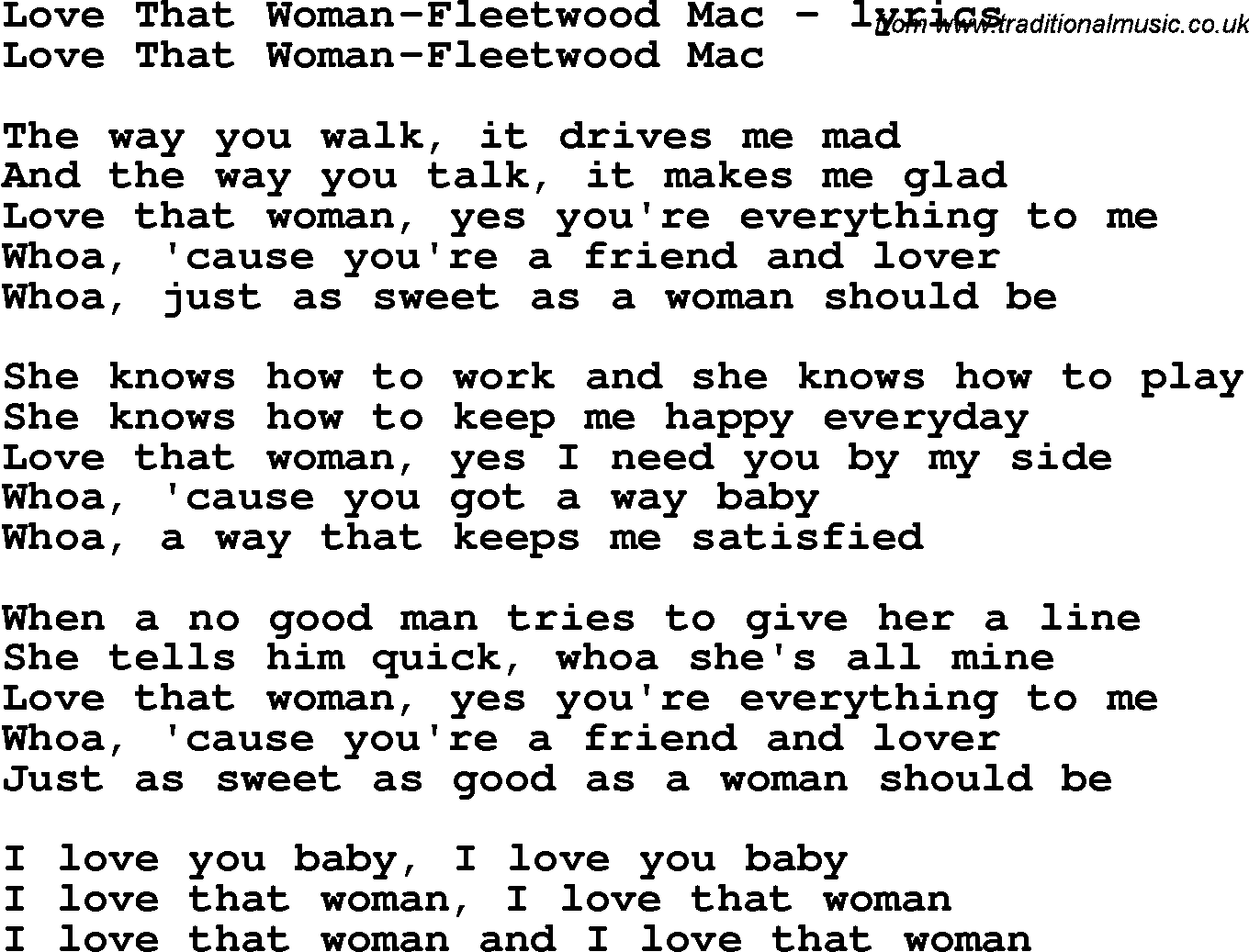 Love Song Lyrics for: Love That Woman-Fleetwood Mac