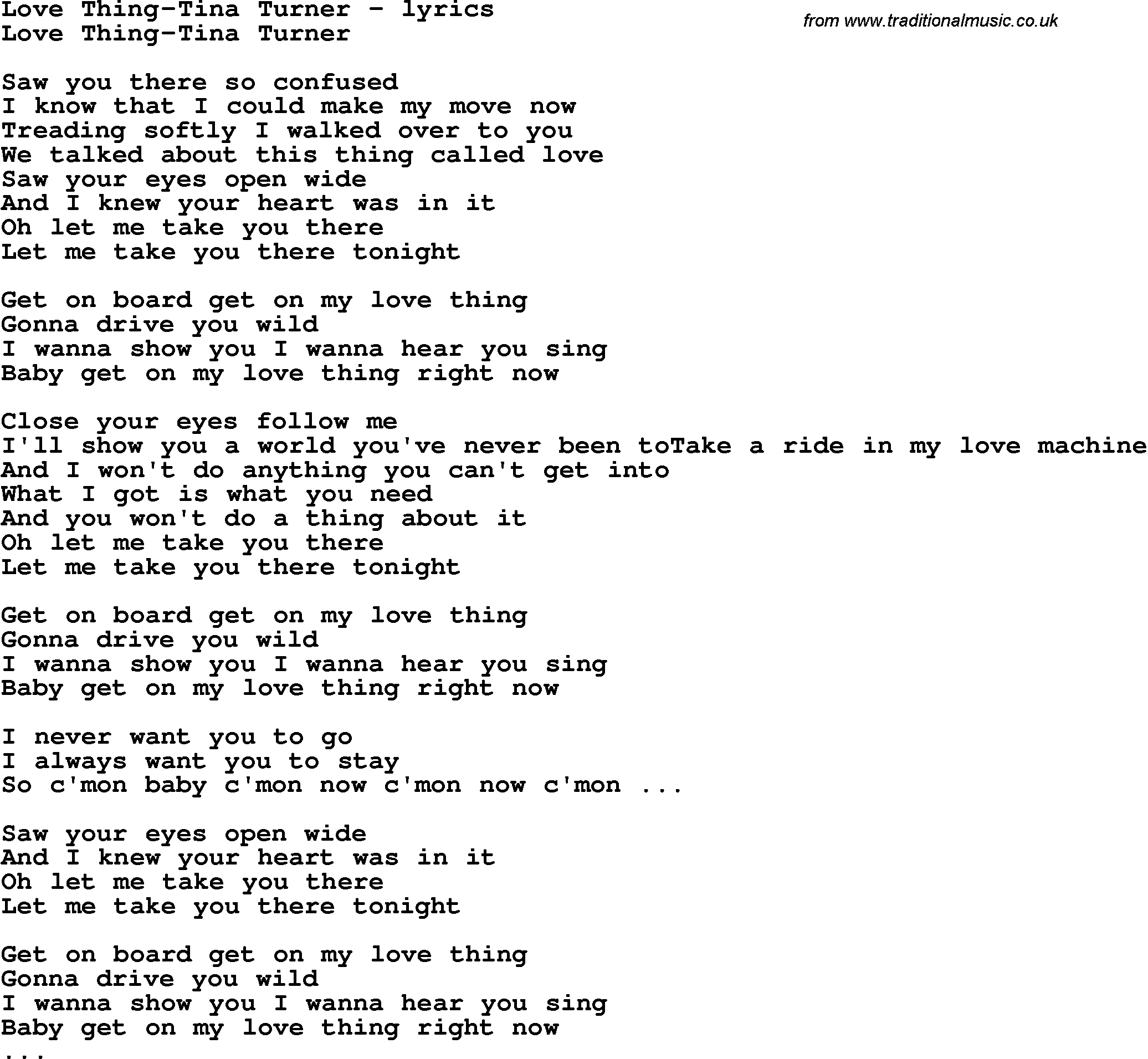 Love Song Lyrics for: Love Thing-Tina Turner
