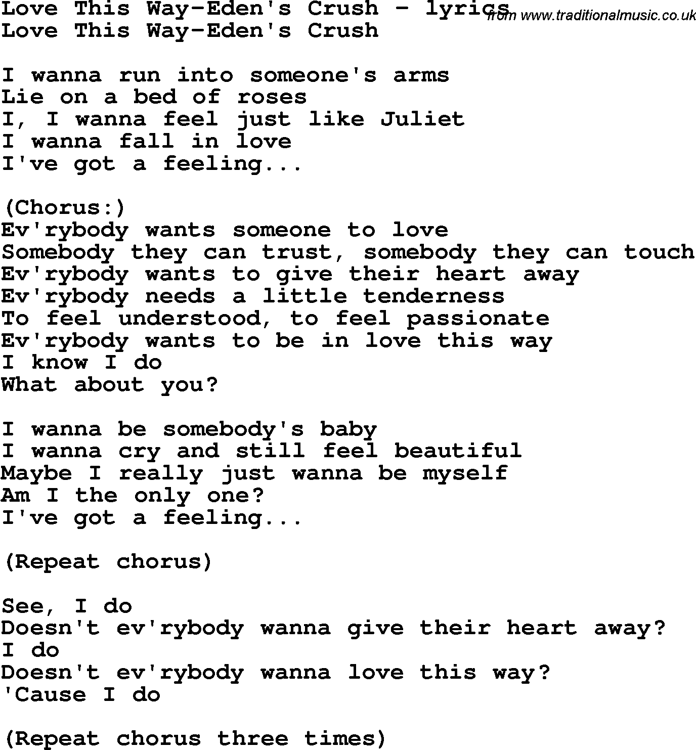 Love Song Lyrics for: Love This Way-Eden's Crush