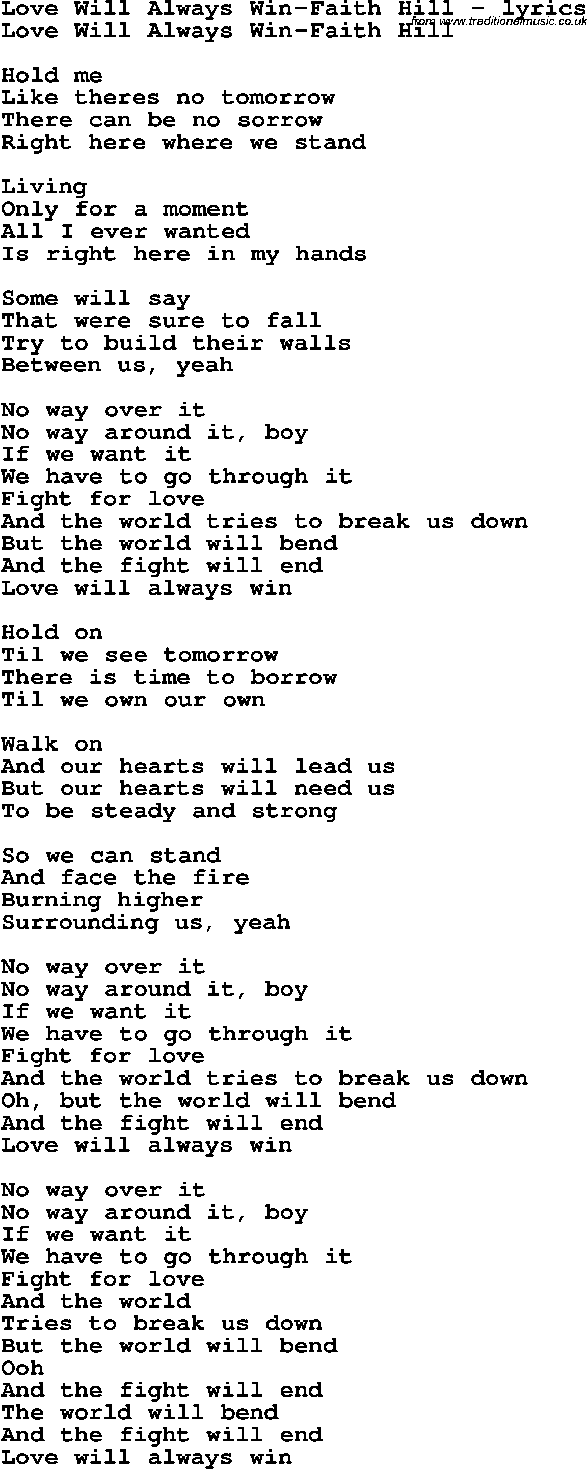 Love Song Lyrics for: Love Will Always Win-Faith Hill