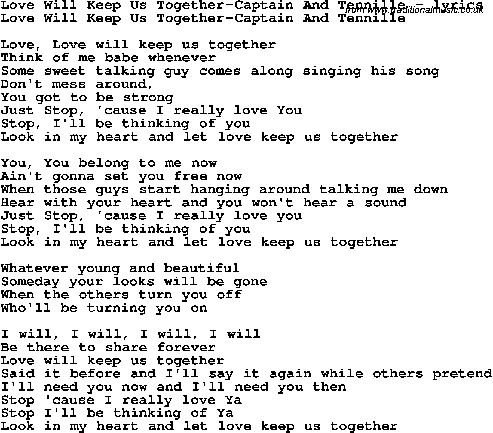 Love Song Lyrics For Love Will Keep Us Together Captain And Tennille