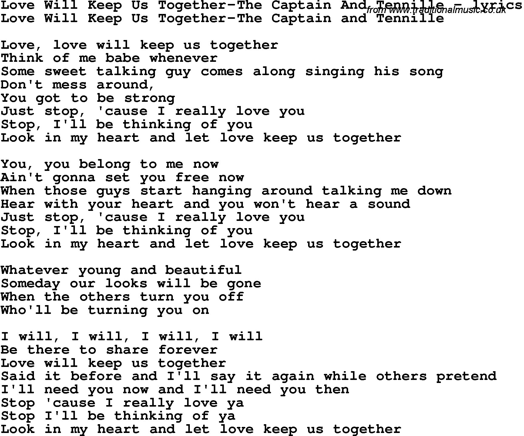 Love Song Lyrics for: Love Will Keep Us Together-The Captain And Tennille