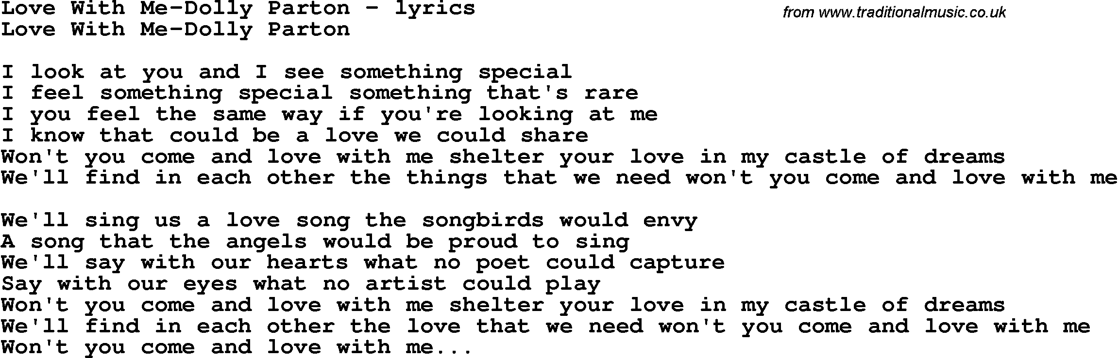 Love Song Lyrics for: Love With Me-Dolly Parton