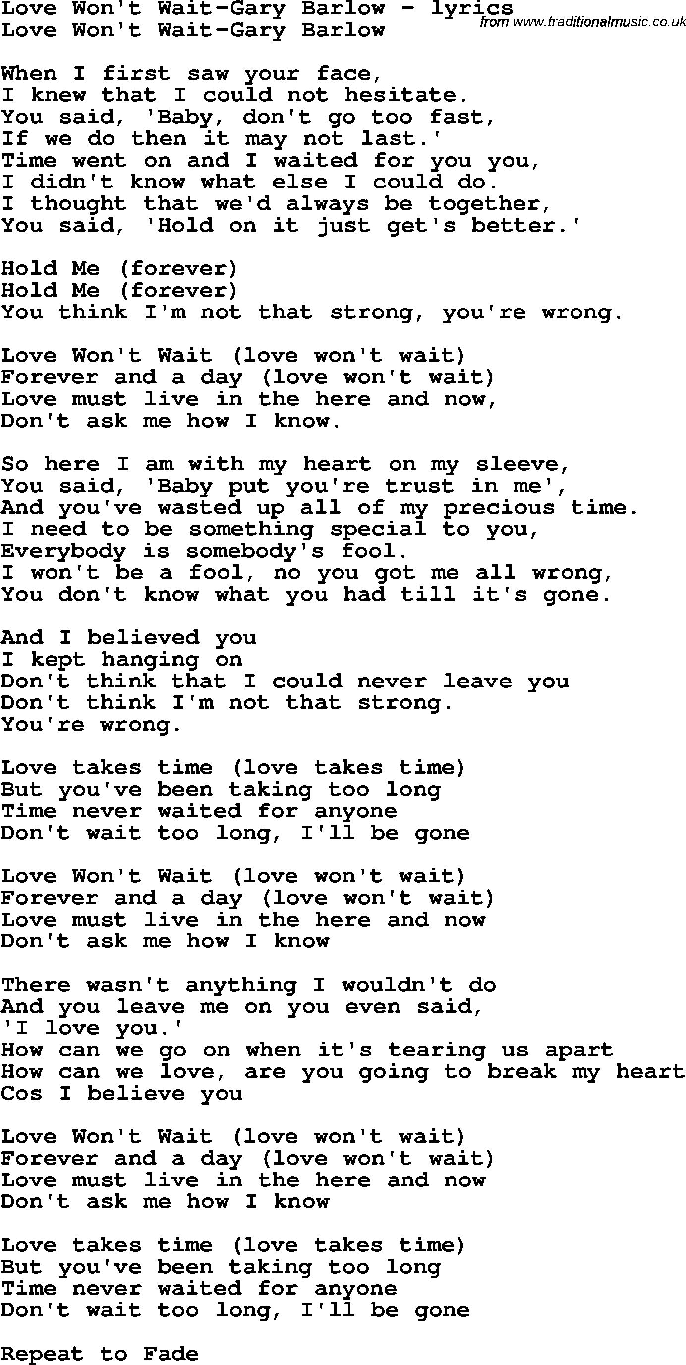 Love Song Lyrics for: Love Won't Wait-Gary Barlow