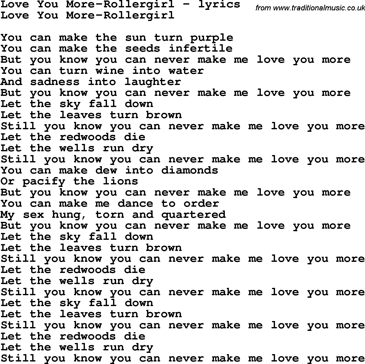 Love Song Lyrics for: Love You More-Rollergirl