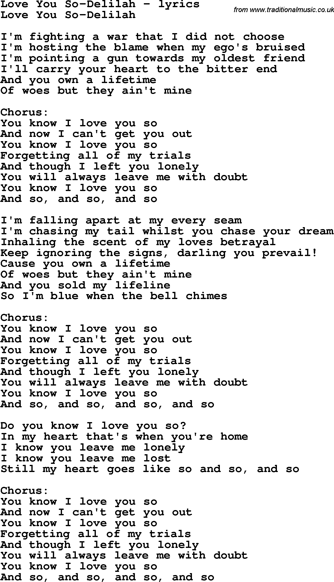Love Song Lyrics for: Love You So-Delilah