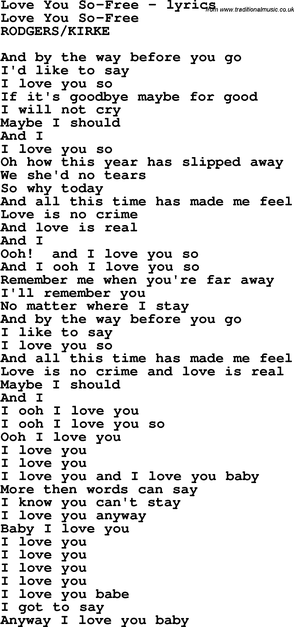 Love Song Lyrics for: Love You So-Free