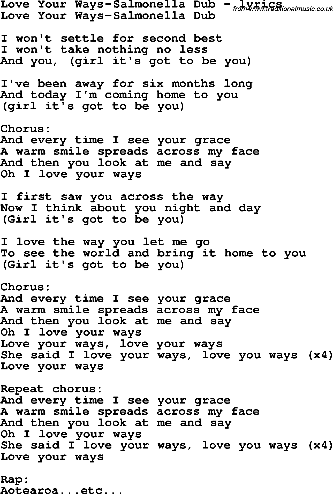 Love Song Lyrics for: Love Your Ways-Salmonella Dub