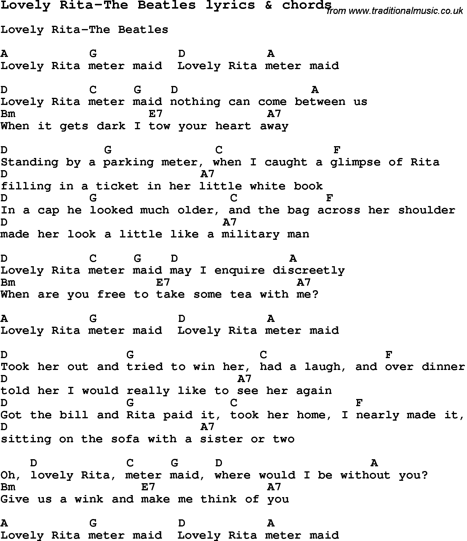 Love Song Lyrics for: Lovely Rita-The Beatles with chords for Ukulele, Guitar Banjo etc.