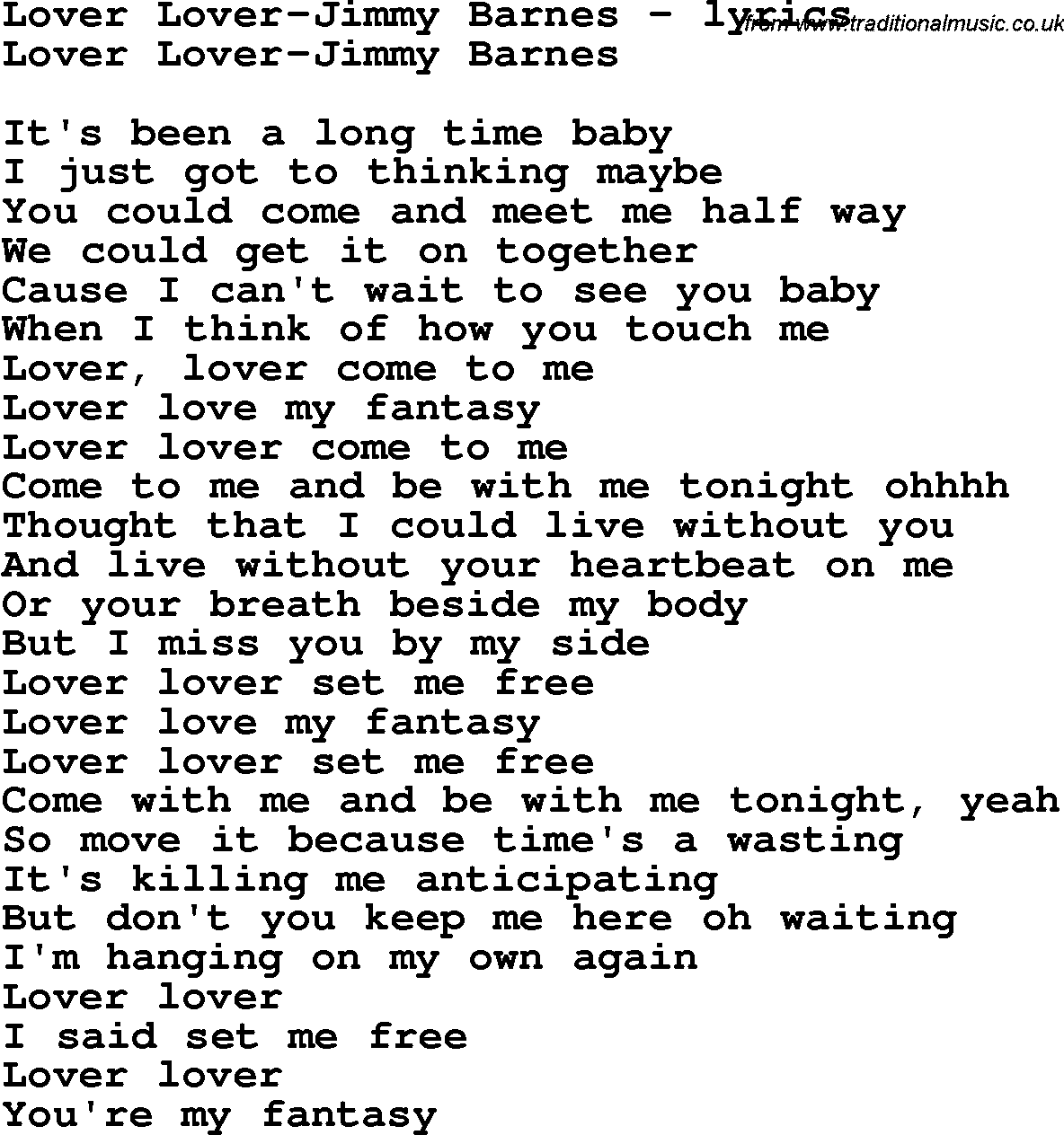 Love Song Lyrics for: Lover Lover-Jimmy Barnes