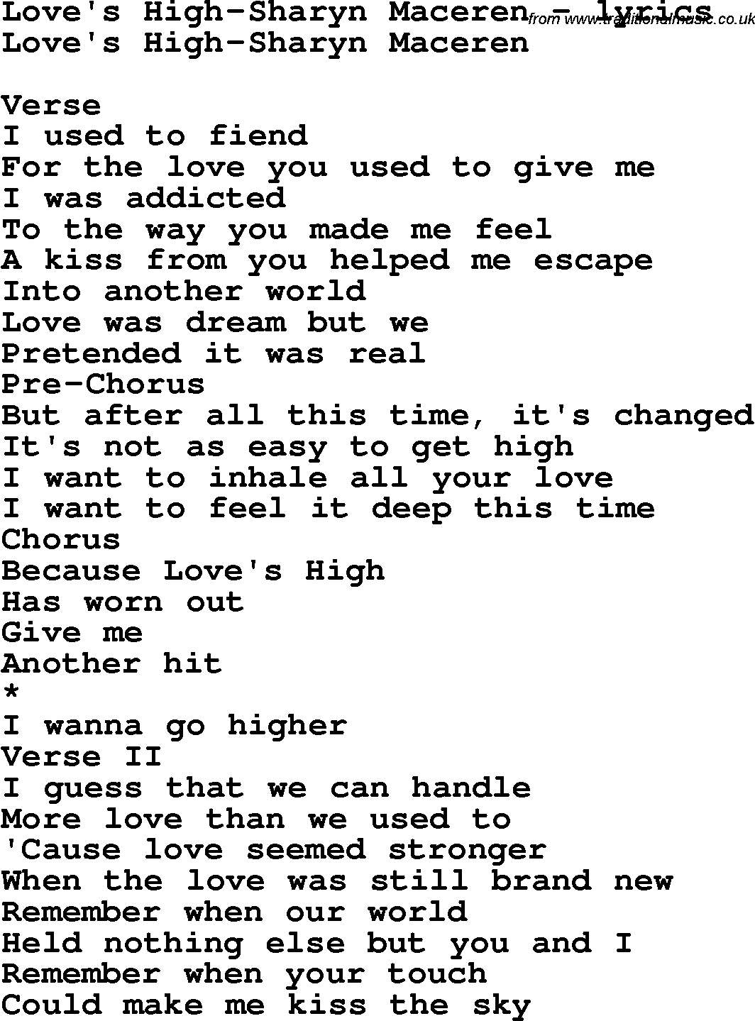 Love Song Lyrics for: Love's High-Sharyn Maceren