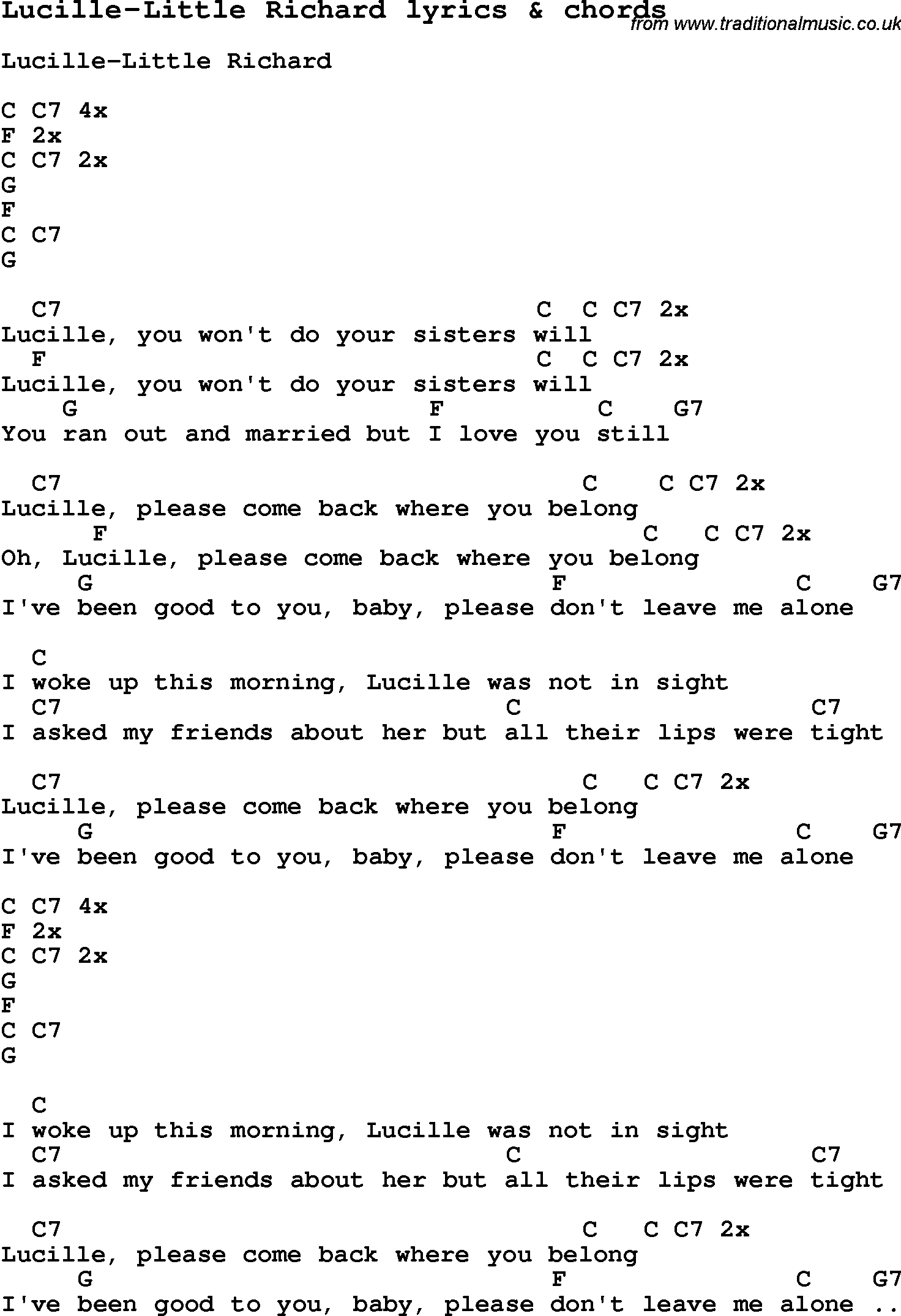 Love Song Lyrics for: Lucille-Little Richard with chords for Ukulele, Guitar Banjo etc.