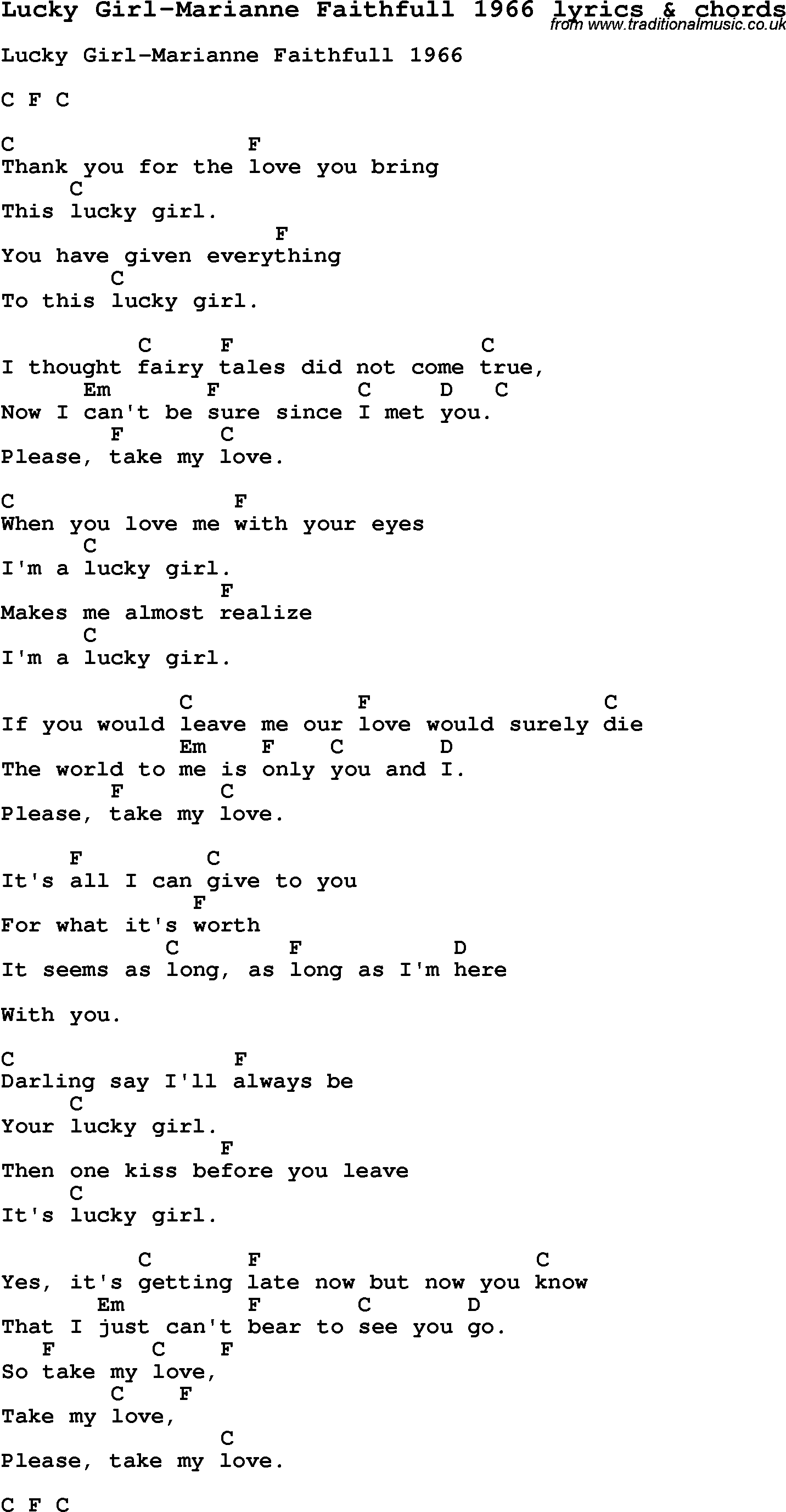 Love Song Lyrics for: Lucky Girl-Marianne Faithfull 1966 with chords for Ukulele, Guitar Banjo etc.