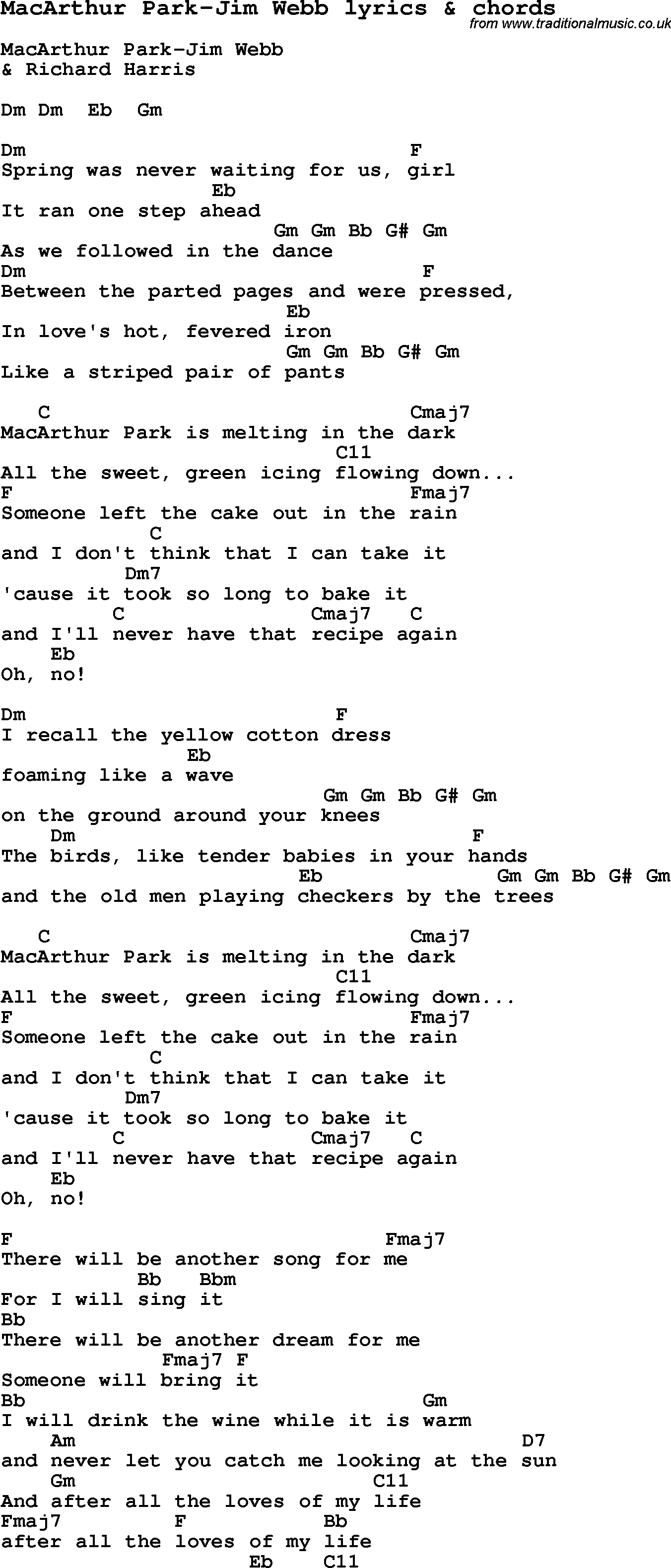 Love Song Lyrics for: MacArthur Park-Jim Webb with chords for Ukulele, Guitar Banjo etc.