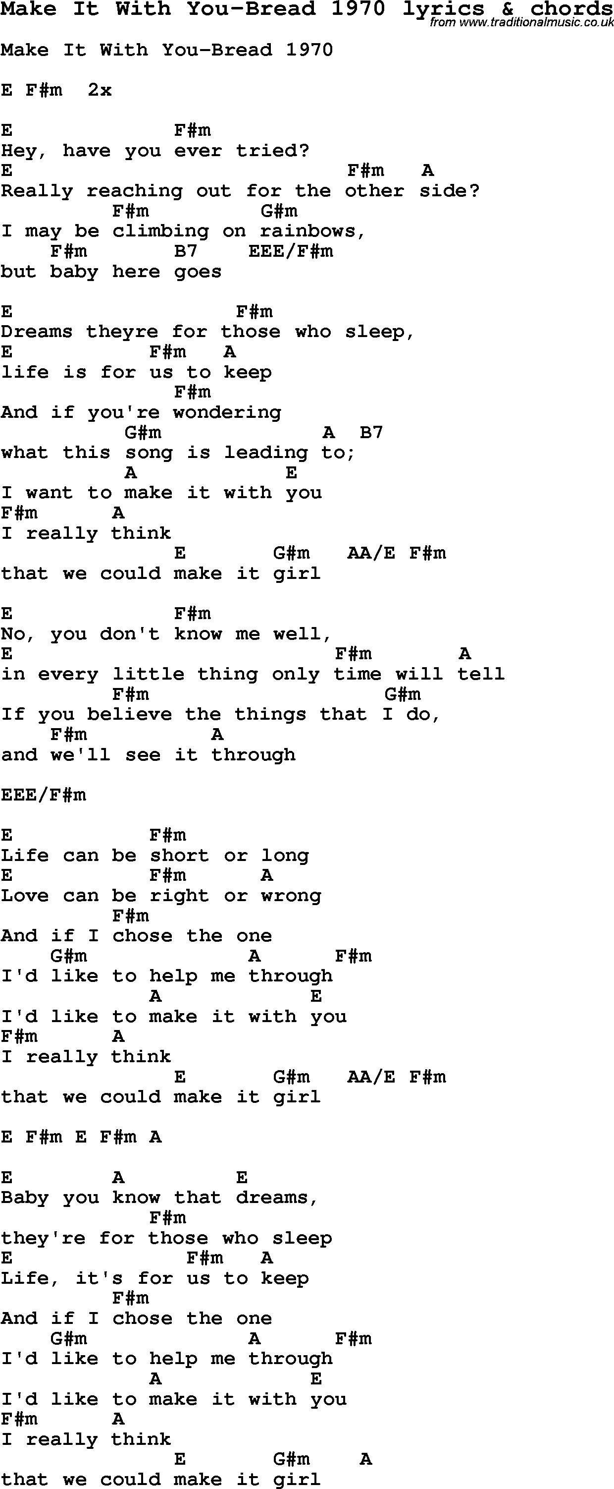 Love Song Lyrics for: Make It With You-Bread 1970 with chords for Ukulele, Guitar Banjo etc.
