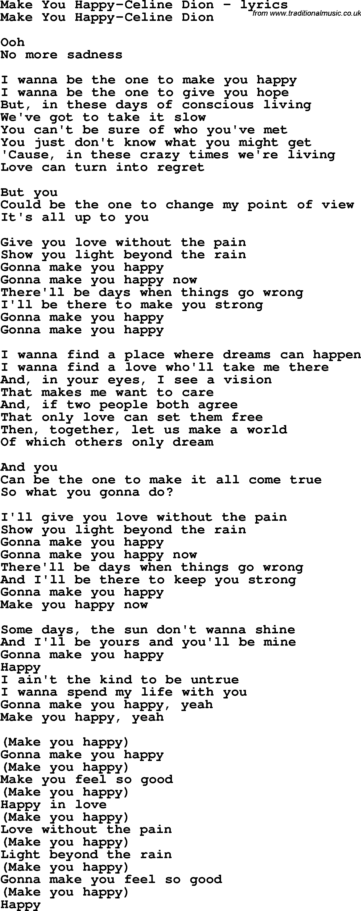 Love Song Lyrics for:Make You Happy-Celine Dion