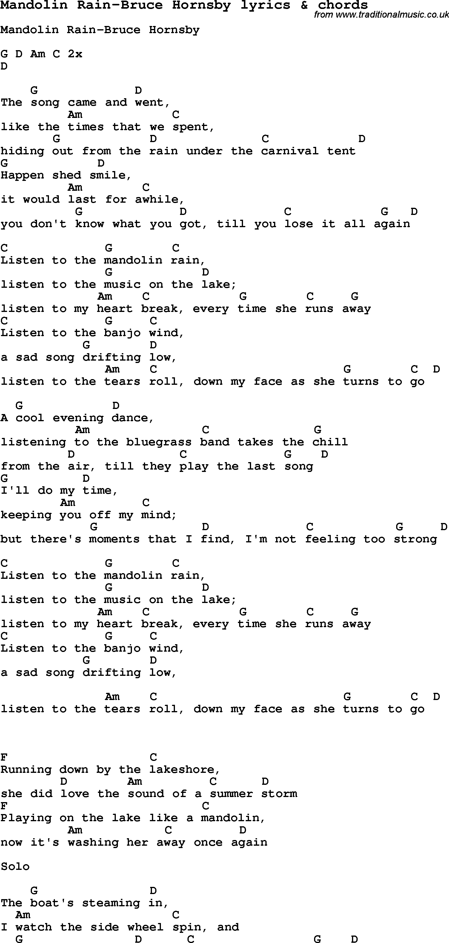 Love Song Lyrics for: Mandolin Rain-Bruce Hornsby with chords for Ukulele, Guitar Banjo etc.