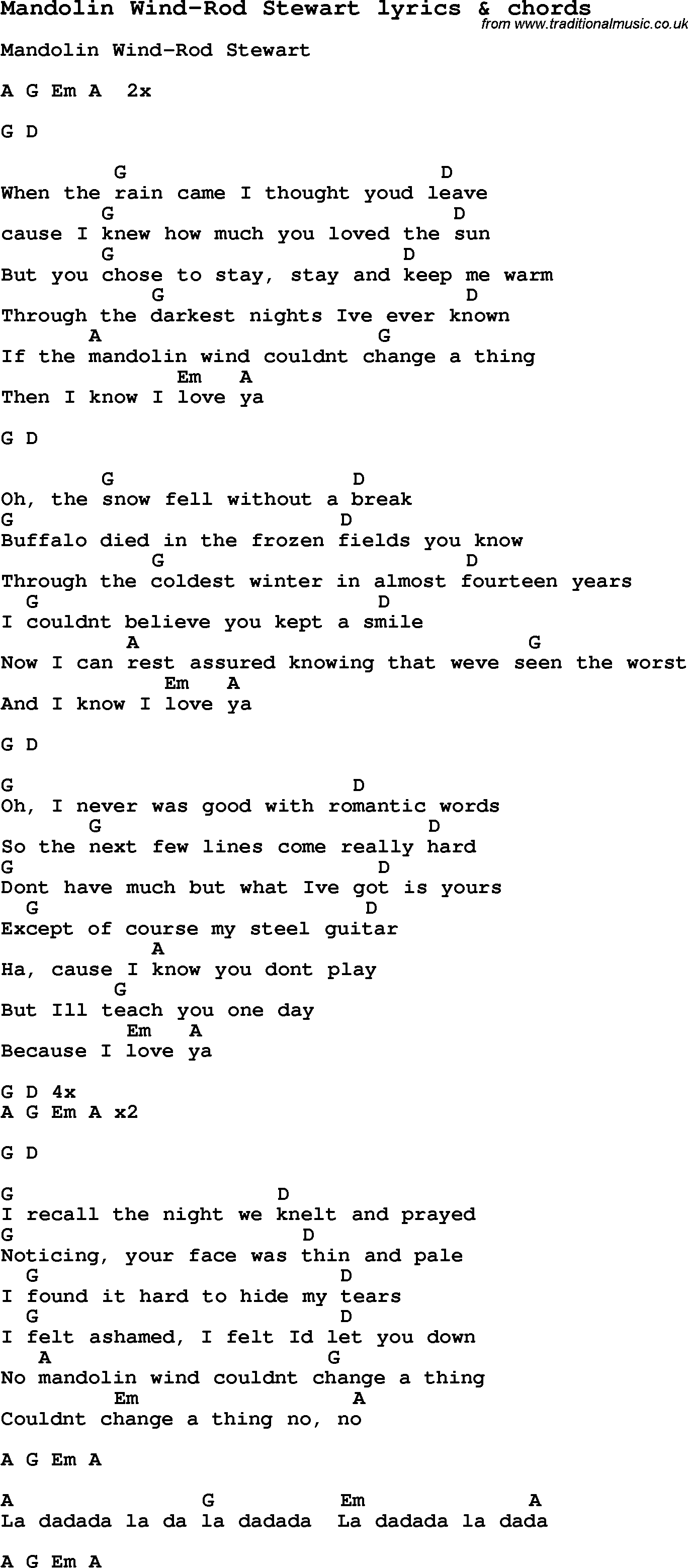 Love Song Lyrics for: Mandolin Wind-Rod Stewart with chords for Ukulele, Guitar Banjo etc.
