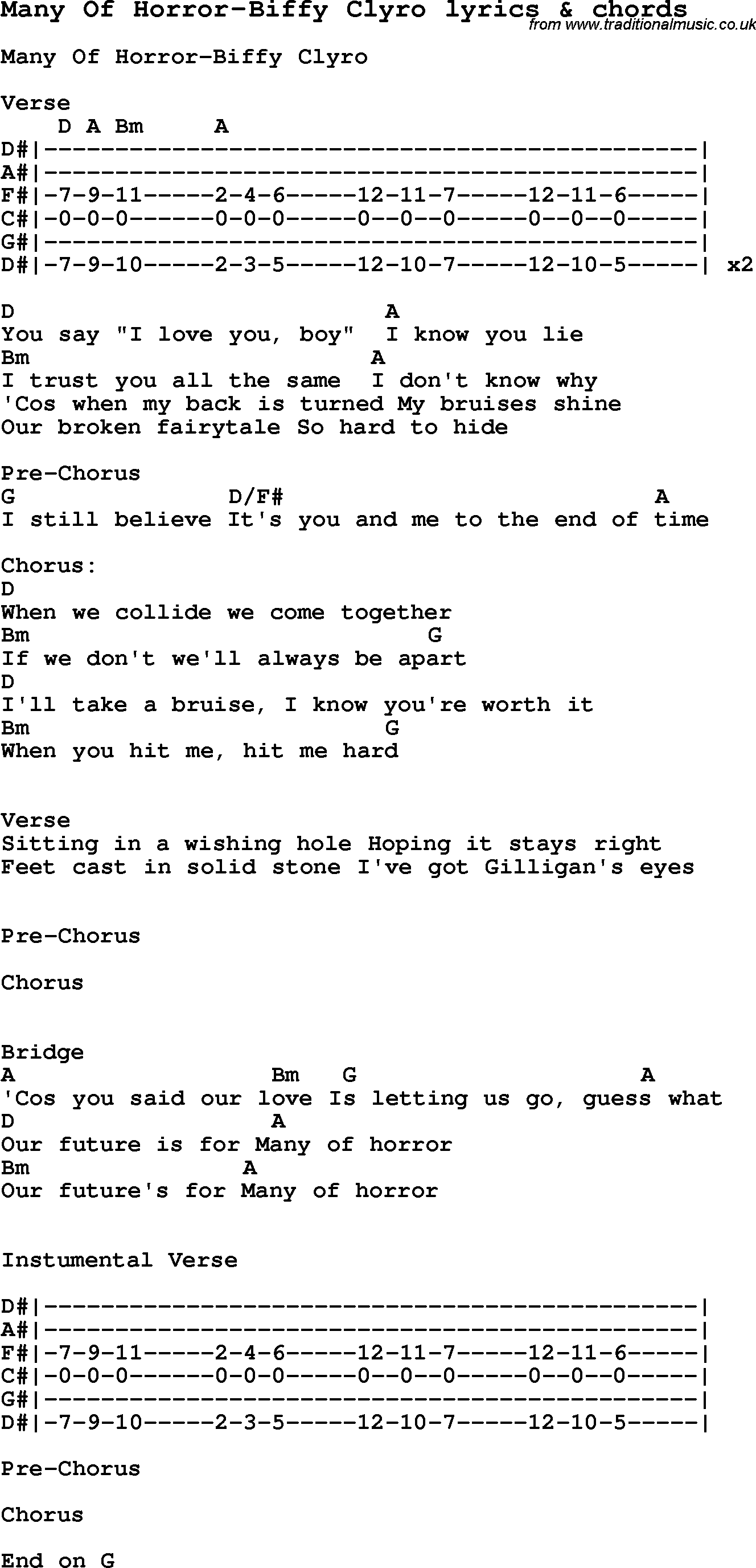 Love Song Lyrics for: Many Of Horror-Biffy Clyro with chords for Ukulele, Guitar Banjo etc.