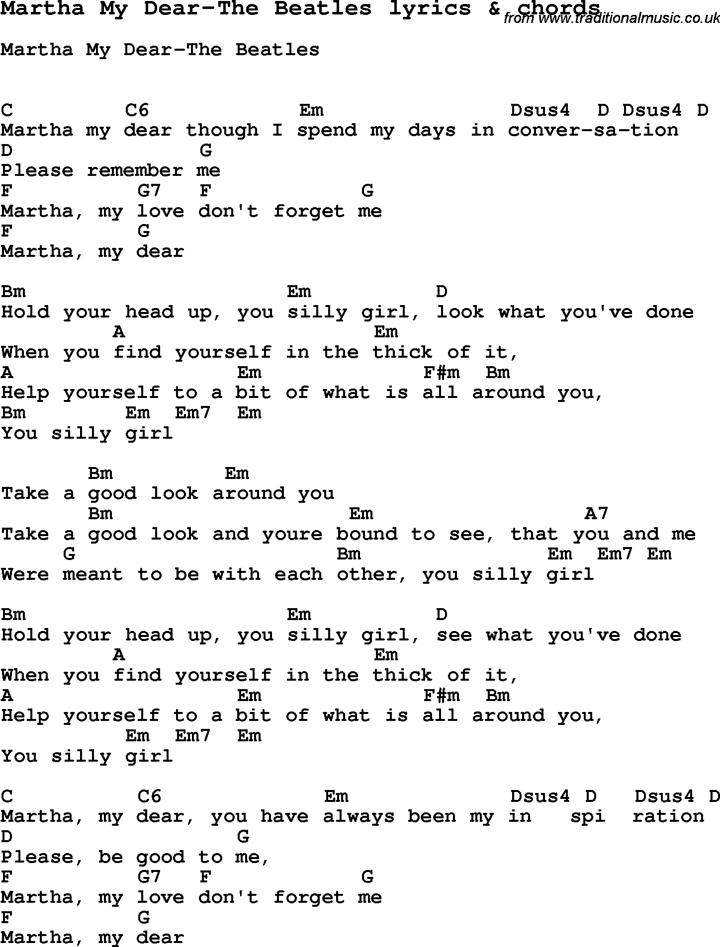 Love Song Lyrics for: Martha My Dear-The Beatles with chords for Ukulele, Guitar Banjo etc.