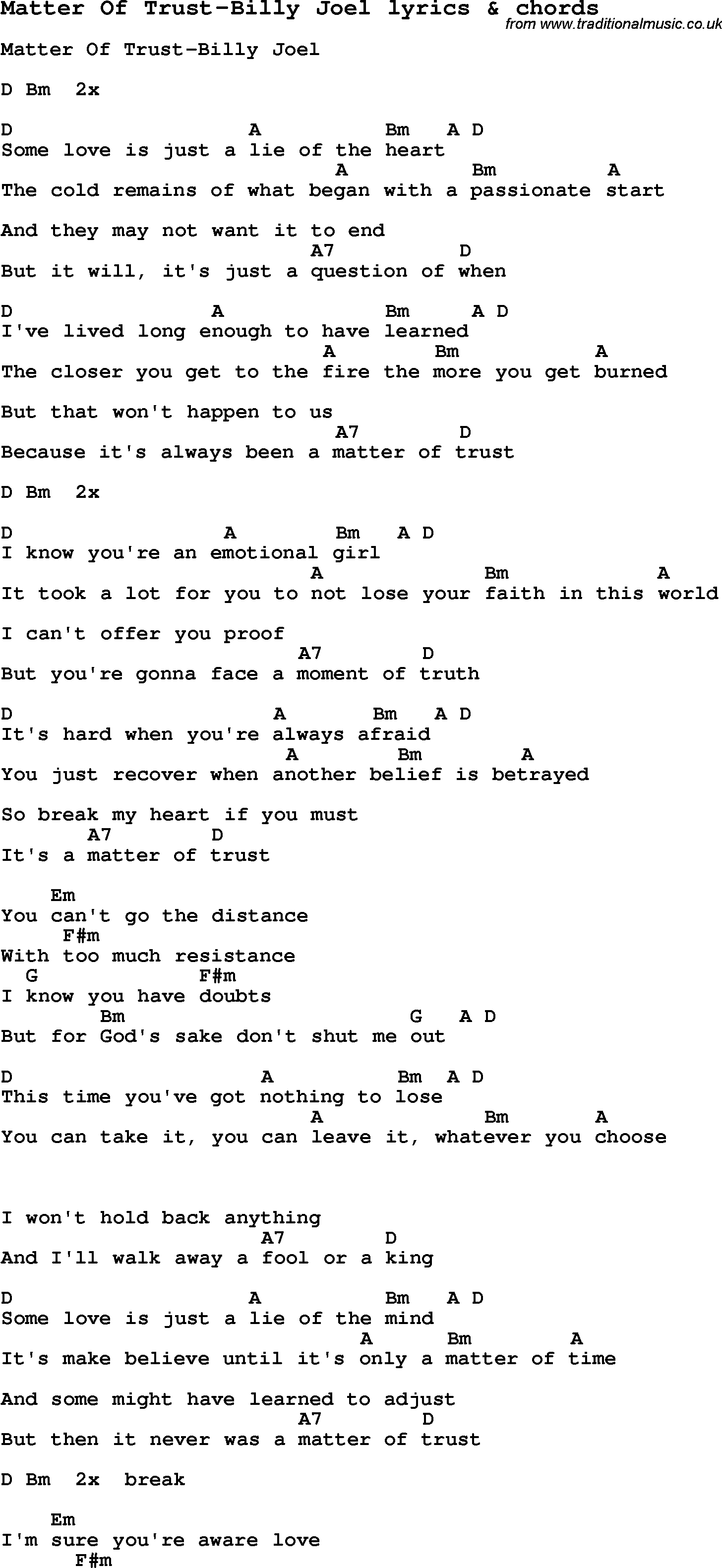 Love Song Lyrics for: Matter Of Trust-Billy Joel with chords for Ukulele, Guitar Banjo etc.