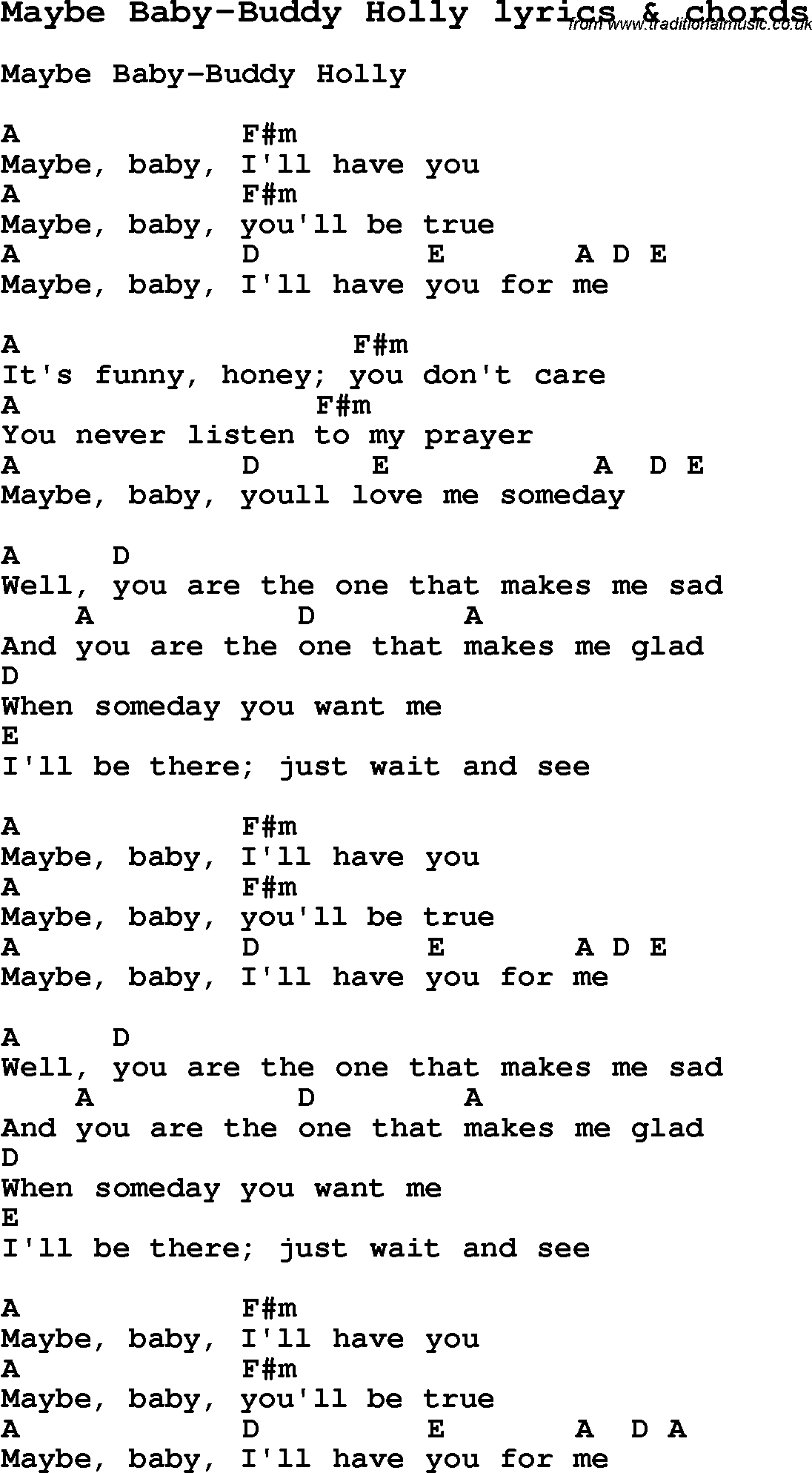 Love Song Lyrics for: Maybe Baby-Buddy Holly with chords for Ukulele, Guitar Banjo etc.