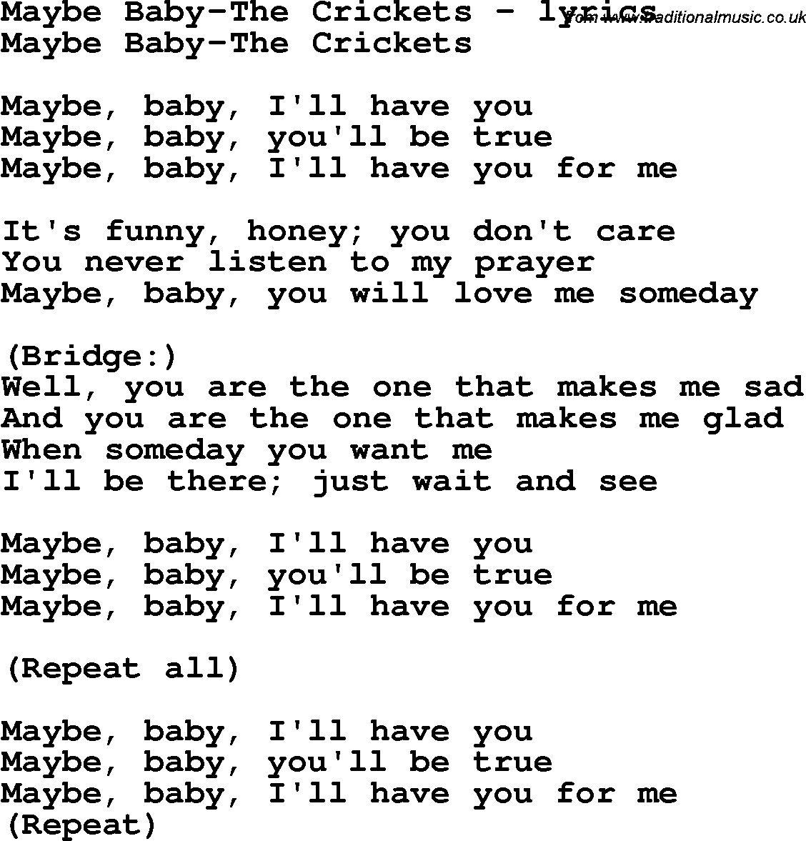 Love Song Lyrics for: Maybe Baby-The Crickets