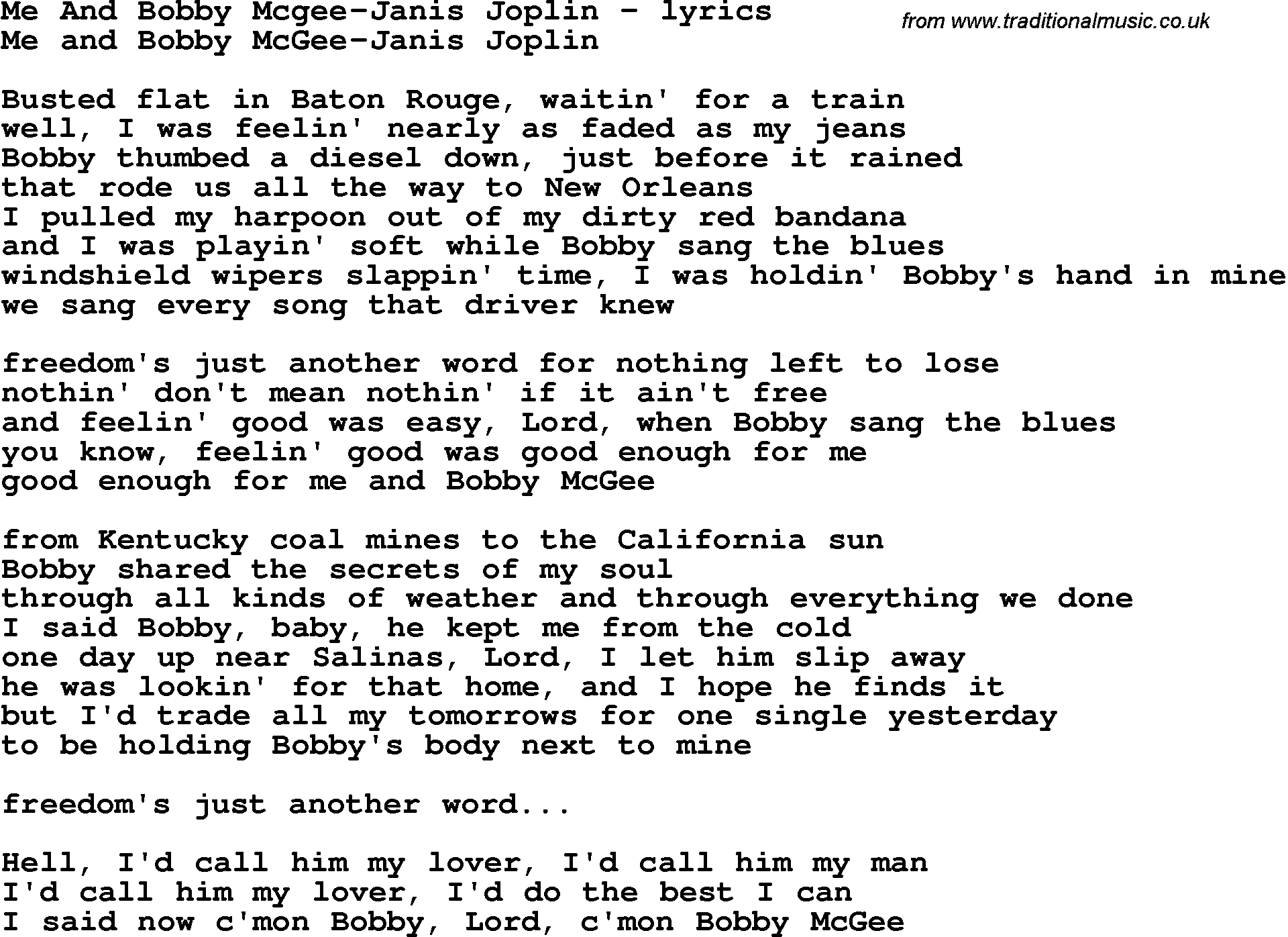 Love Song Lyrics for: Me And Bobby Mcgee-Janis Joplin