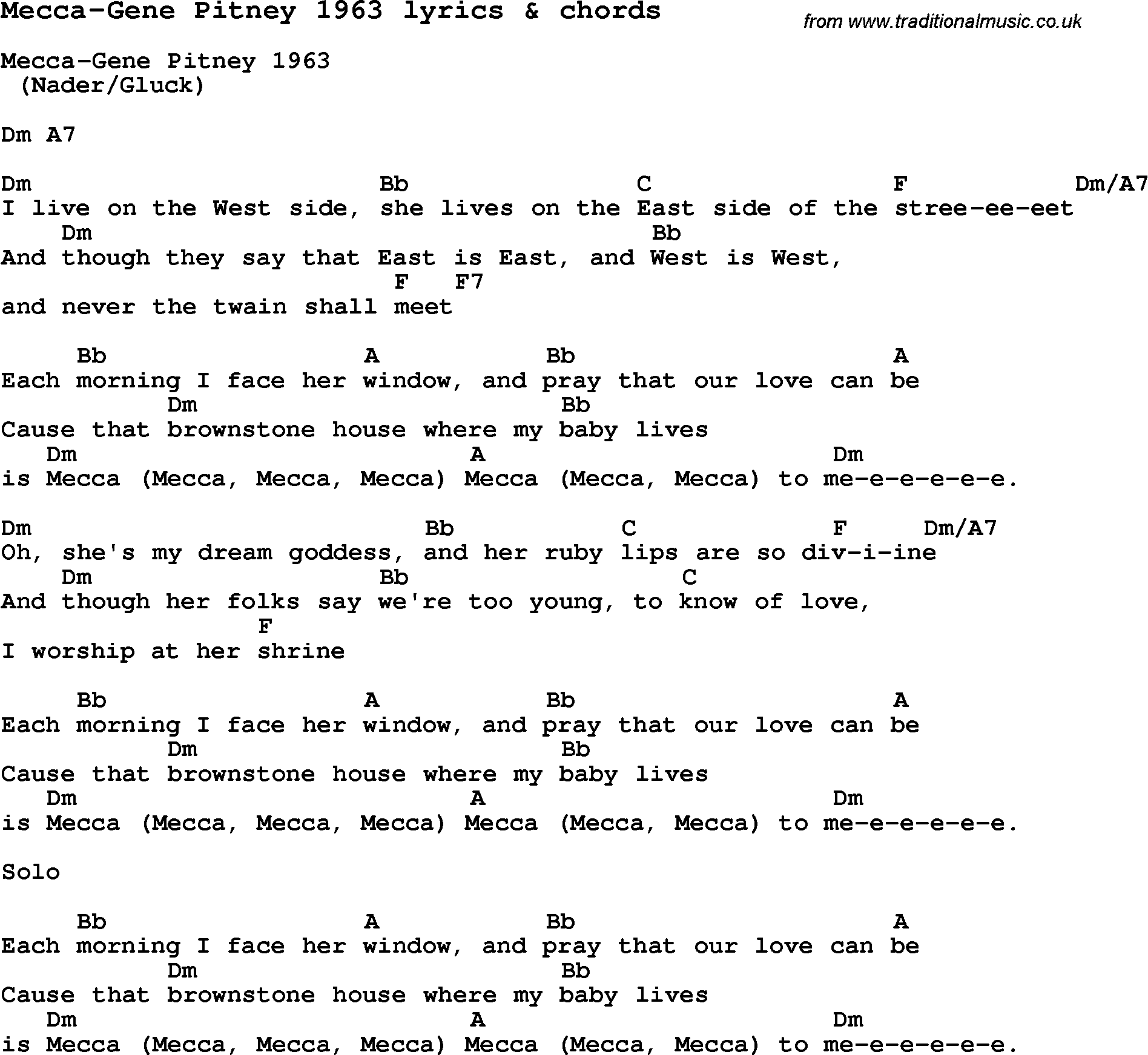 Love Song Lyrics for: Mecca-Gene Pitney 1963 with chords for Ukulele, Guitar Banjo etc.