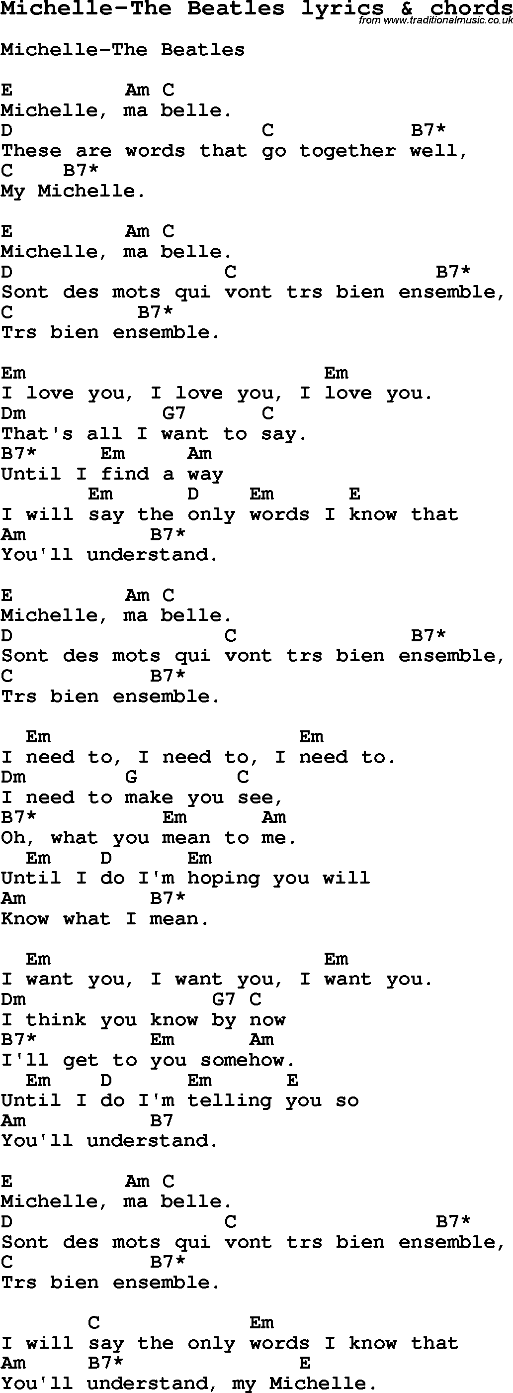 Love Song Lyrics for: Michelle-The Beatles with chords for Ukulele, Guitar Banjo etc.