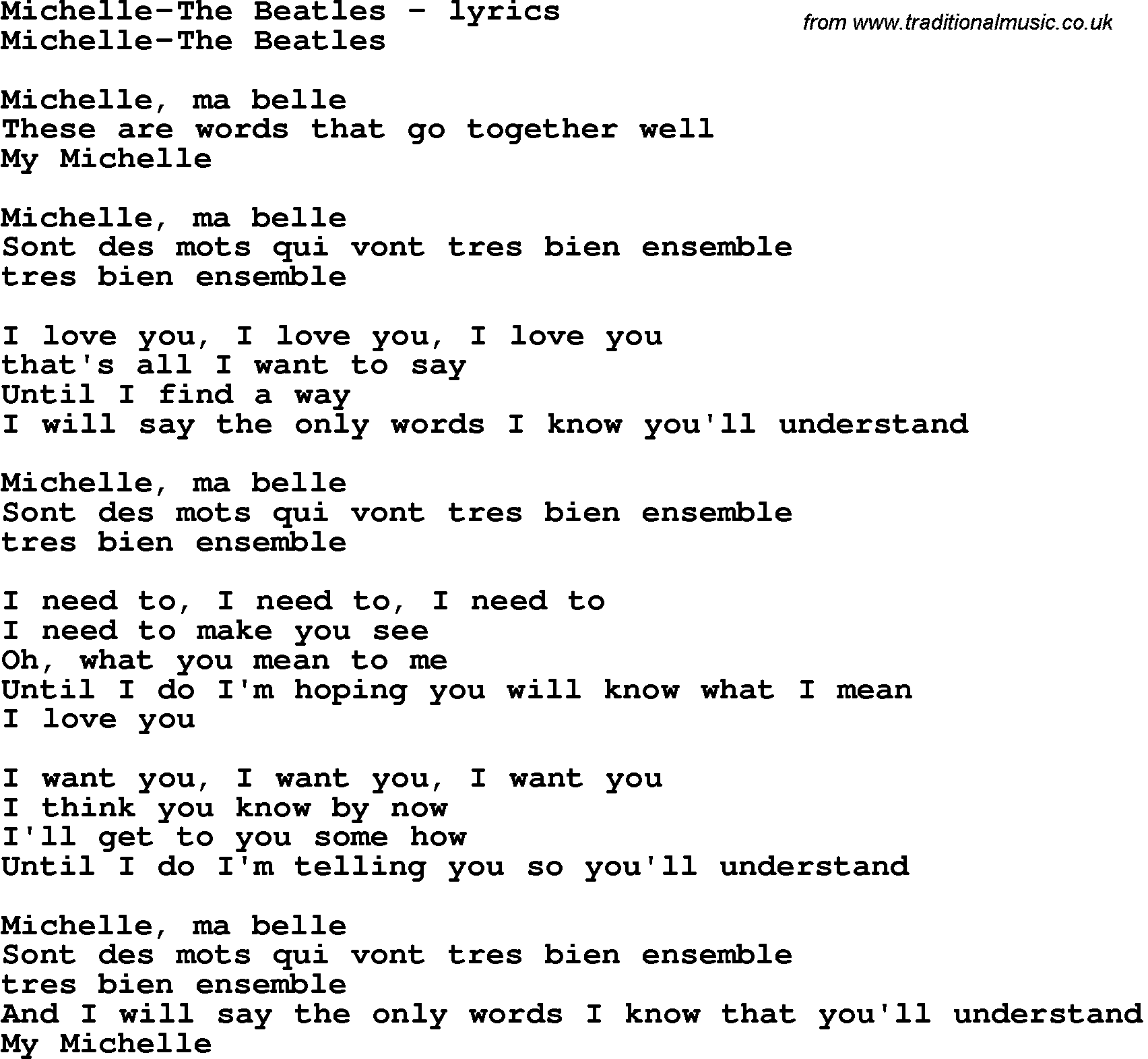 Love Song Lyrics for: Michelle-The Beatles