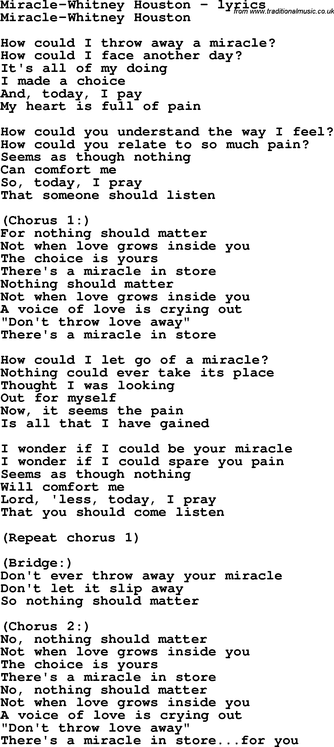 Love Song Lyrics for: Miracle-Whitney Houston