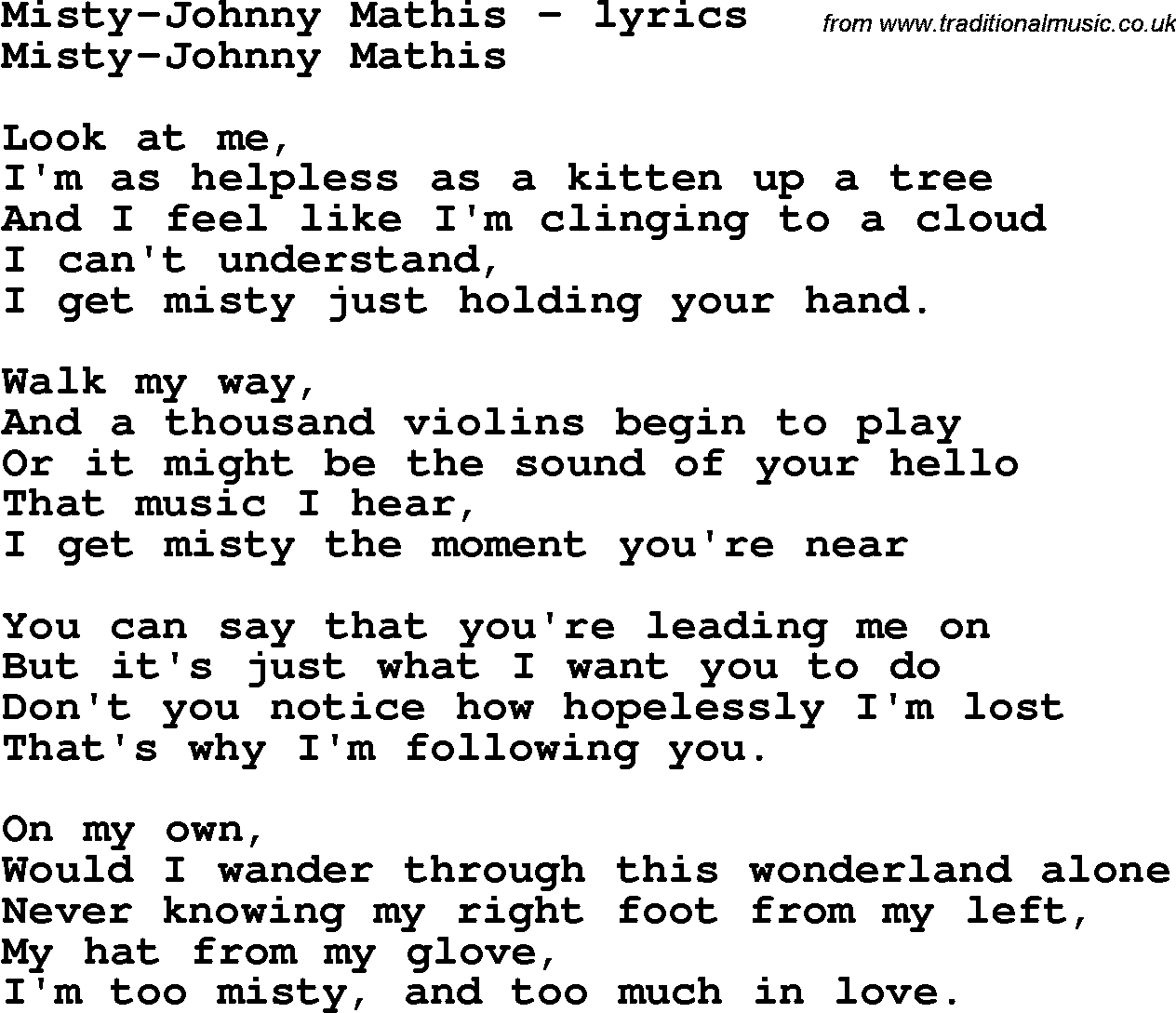 Love Song Lyrics for: Misty-Johnny Mathis